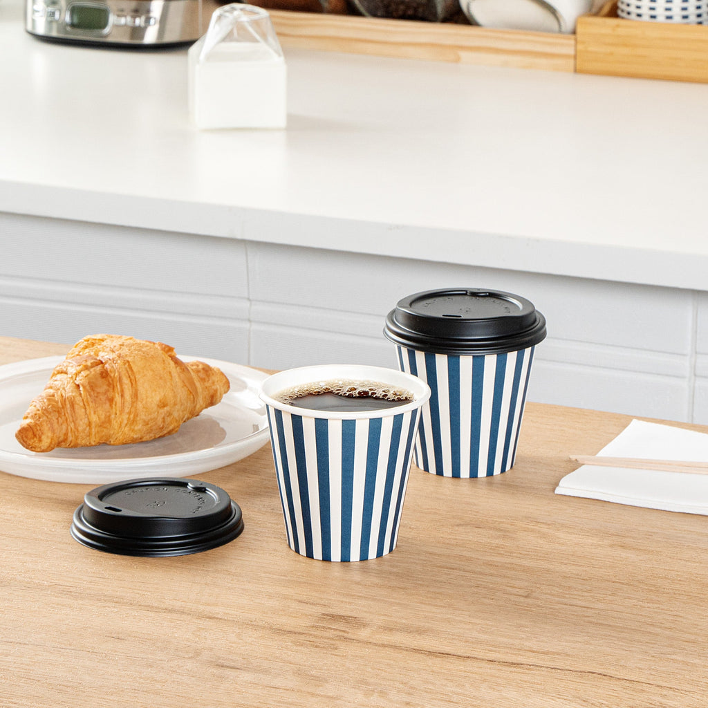 Restpresso 8 oz Blue and White Stripe Paper Single Wall Coffee Cup - with Black Lid - 3 1/2" x 3 1/2" x 3 1/4" - 400 count box