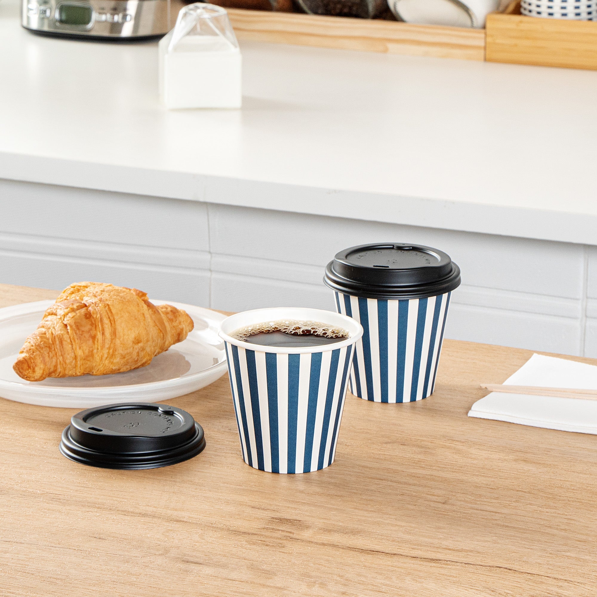 Restpresso 8 oz Blue and White Stripe Paper Single Wall Coffee Cup - with Black Lid - 3 1/2" x 3 1/2" x 3 1/4" - 400 count box