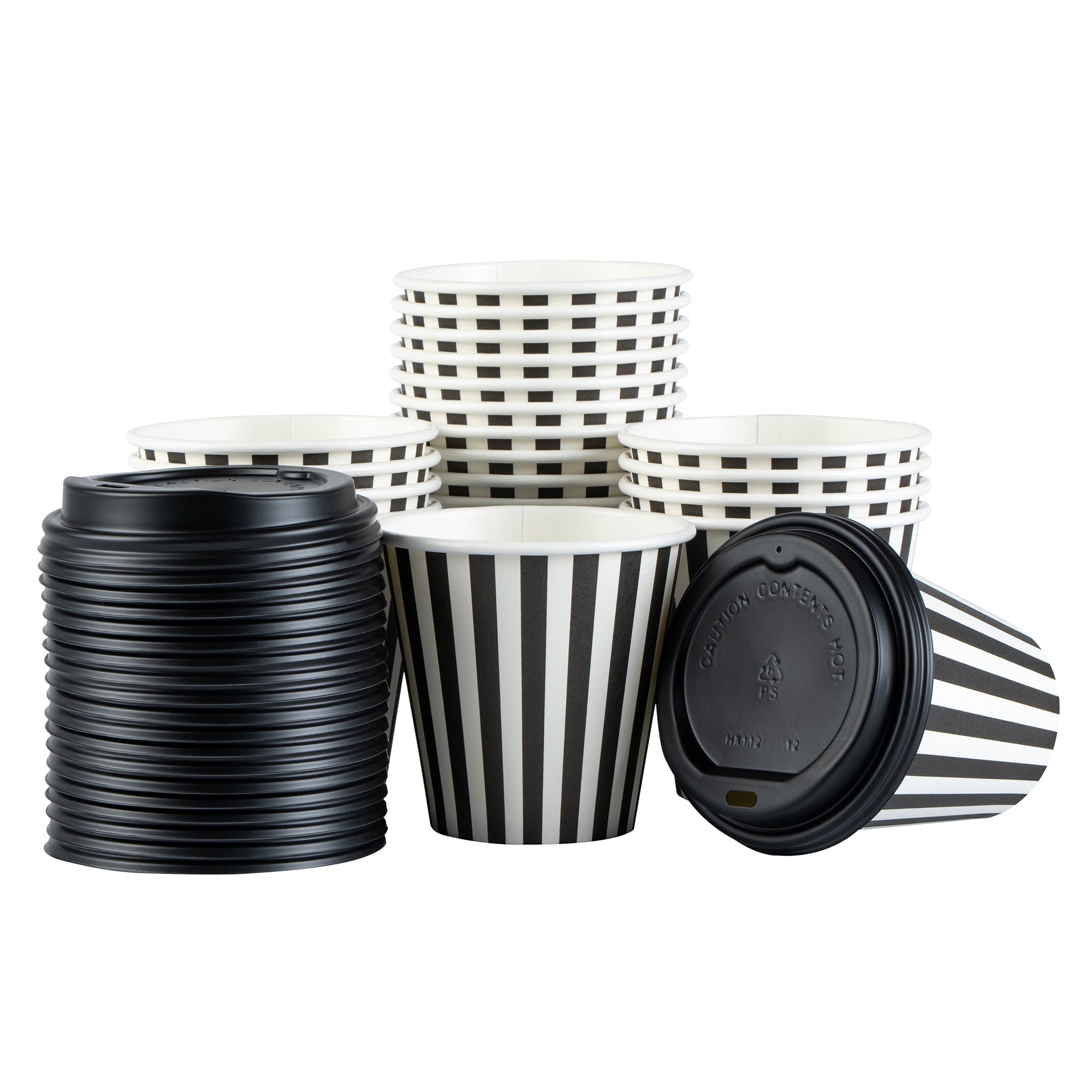 Restpresso 8 oz Black and White Stripe Paper Single Wall Coffee Cup - with Black Lid - 3 1/2" x 3 1/2" x 3 1/4" - 20 count box
