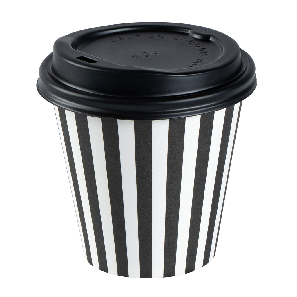 Restpresso 8 oz Black and White Stripe Paper Single Wall Coffee Cup - with Black Lid - 3 1/2" x 3 1/2" x 3 1/4" - 400 count box