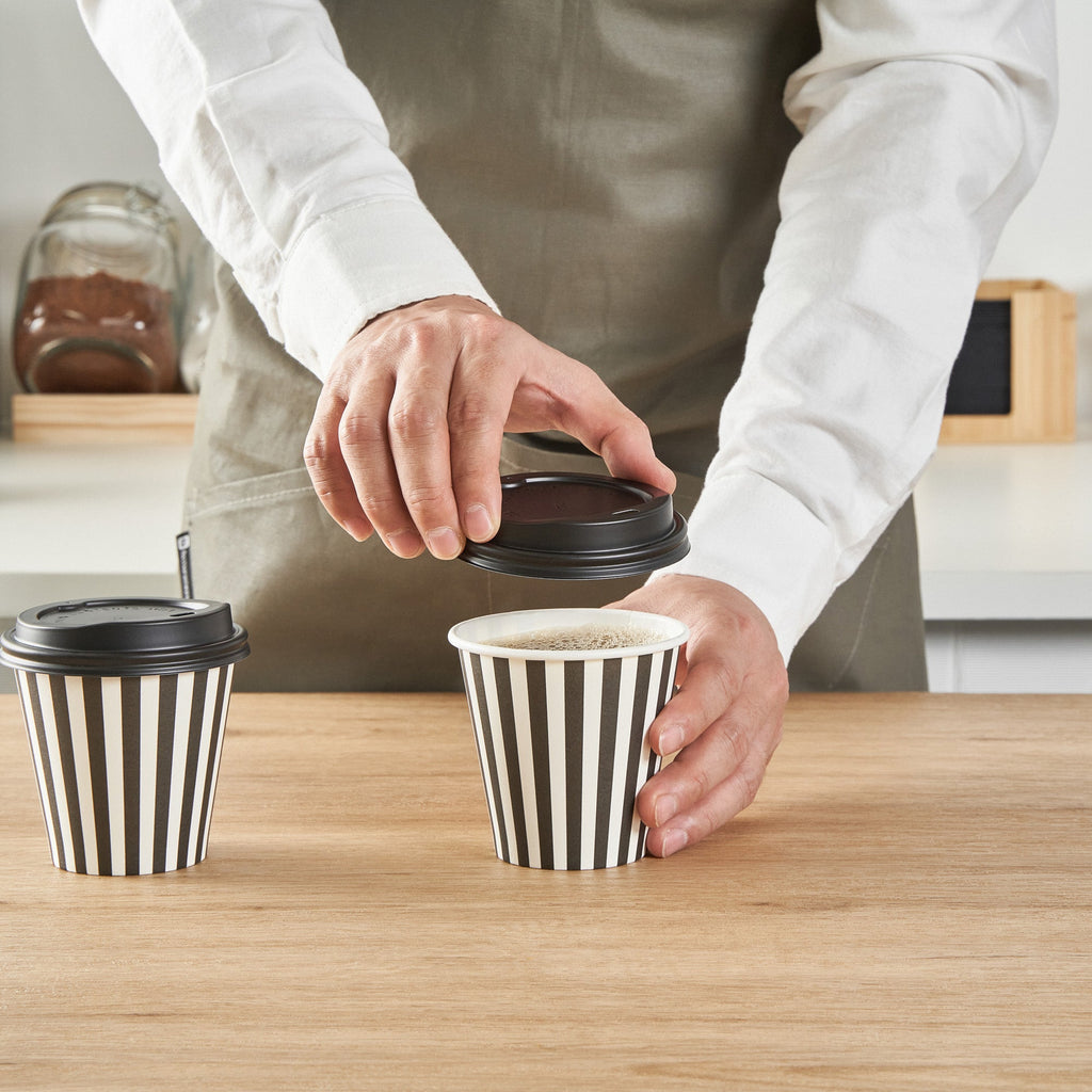 Restpresso 8 oz Black and White Stripe Paper Single Wall Coffee Cup - with Black Lid - 3 1/2" x 3 1/2" x 3 1/4" - 400 count box