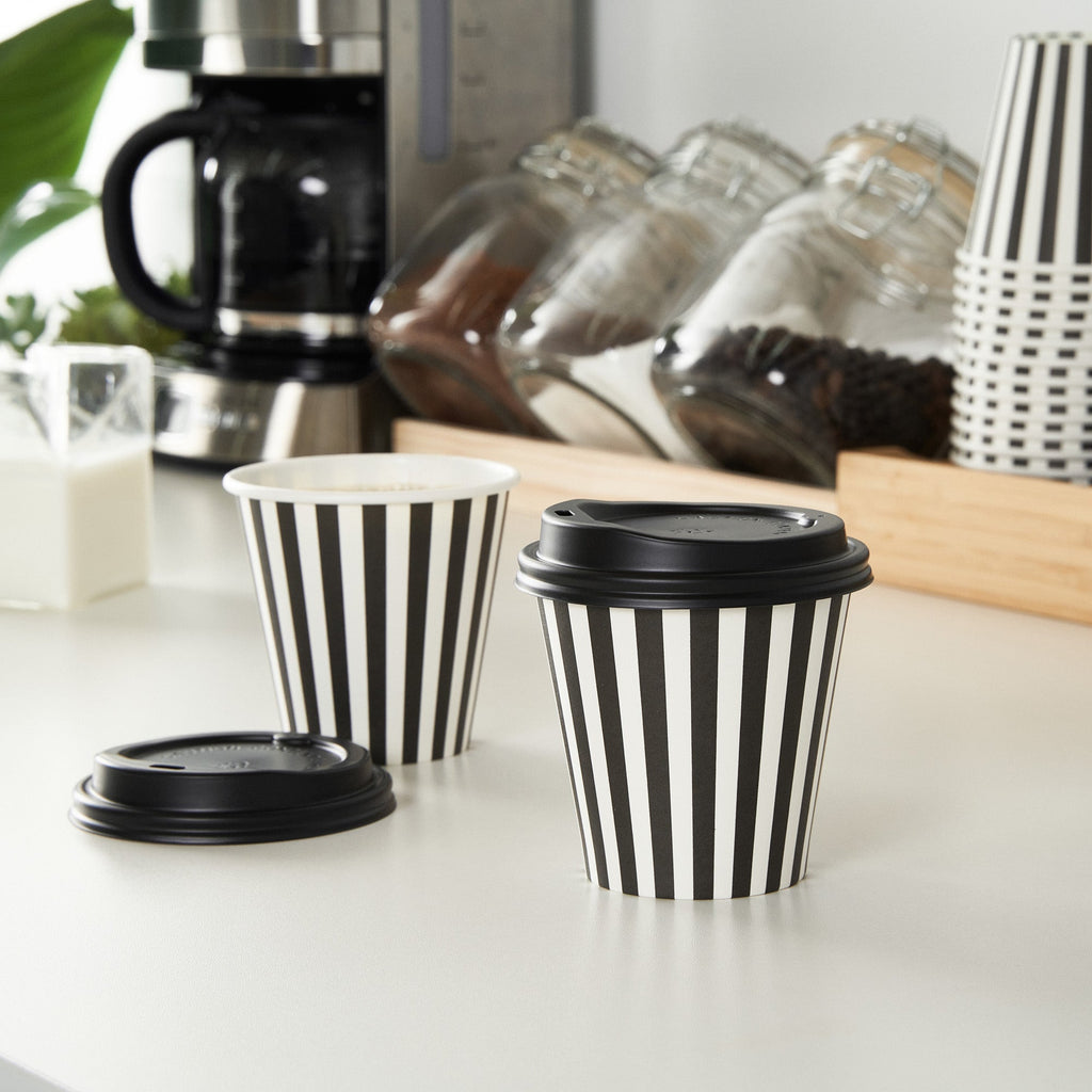 Restpresso 8 oz Black and White Stripe Paper Single Wall Coffee Cup - with Black Lid - 3 1/2" x 3 1/2" x 3 1/4" - 400 count box