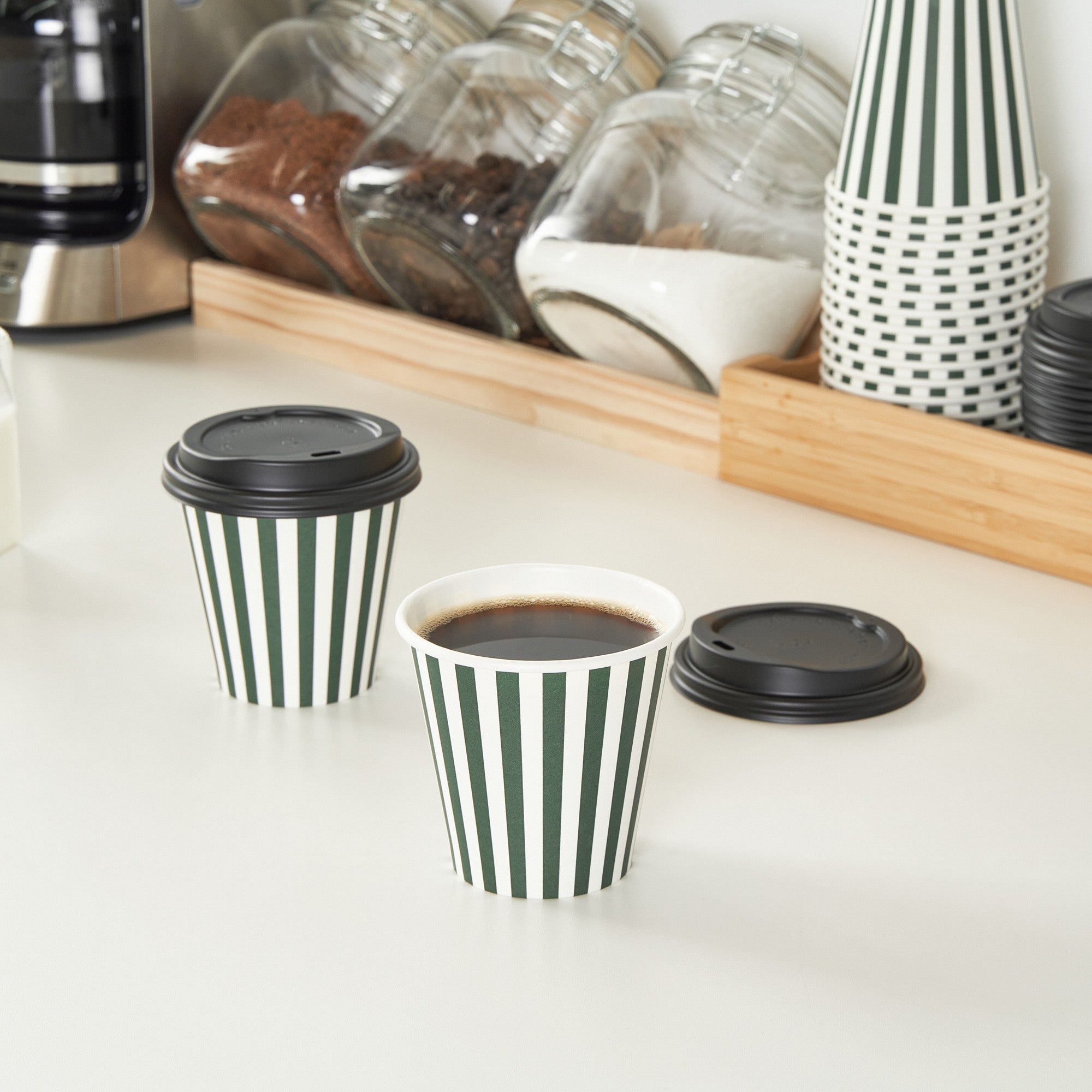 Restpresso 8 oz Forest Green and White Stripe Paper Single Wall Coffee Cup - with Black Lid - 3 1/2" x 3 1/2" x 3 1/4" - 400 count box