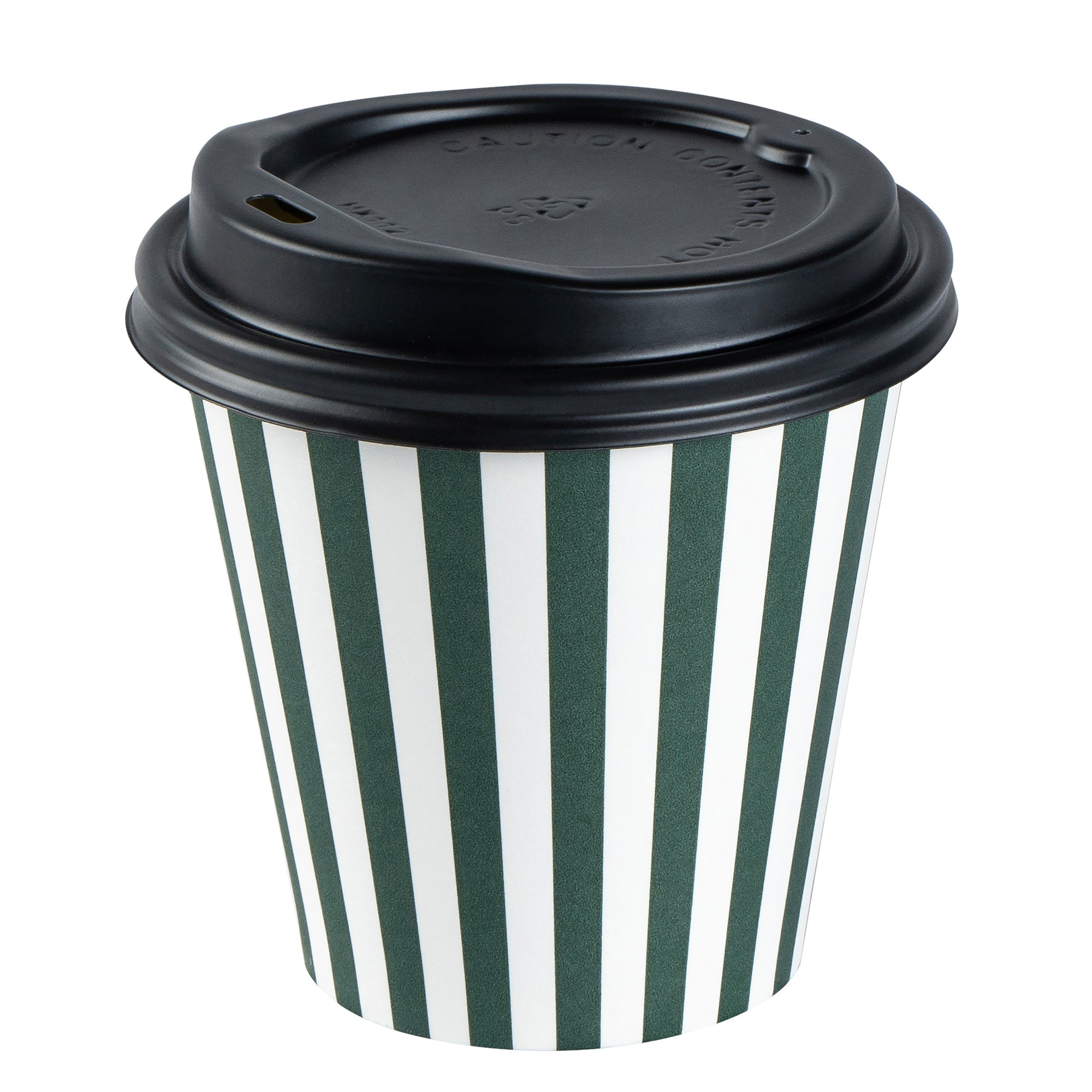 Restpresso 8 oz Forest Green and White Stripe Paper Single Wall Coffee Cup - with Black Lid - 3 1/2" x 3 1/2" x 3 1/4" - 400 count box