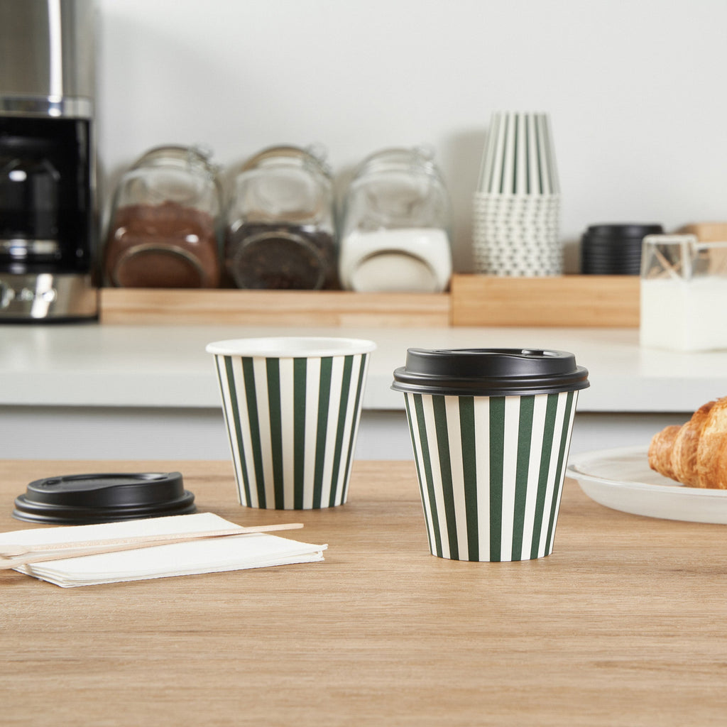 Restpresso 8 oz Forest Green and White Stripe Paper Single Wall Coffee Cup - with Black Lid - 3 1/2" x 3 1/2" x 3 1/4" - 400 count box