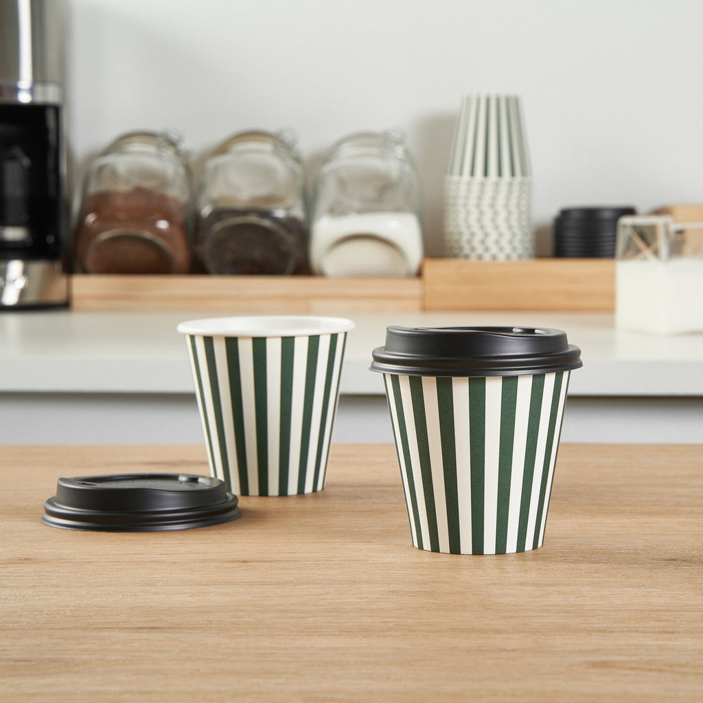Restpresso 8 oz Forest Green and White Stripe Paper Single Wall Coffee Cup - with Black Lid - 3 1/2" x 3 1/2" x 3 1/4" - 400 count box