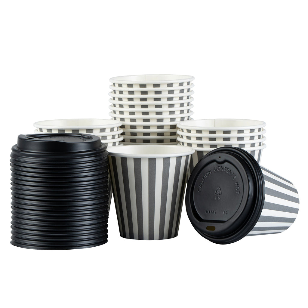 Restpresso 8 oz Gray and White Stripe Paper Single Wall Coffee Cup - with Black Lid - 3 1/2" x 3 1/2" x 3 1/4" - 20 count box