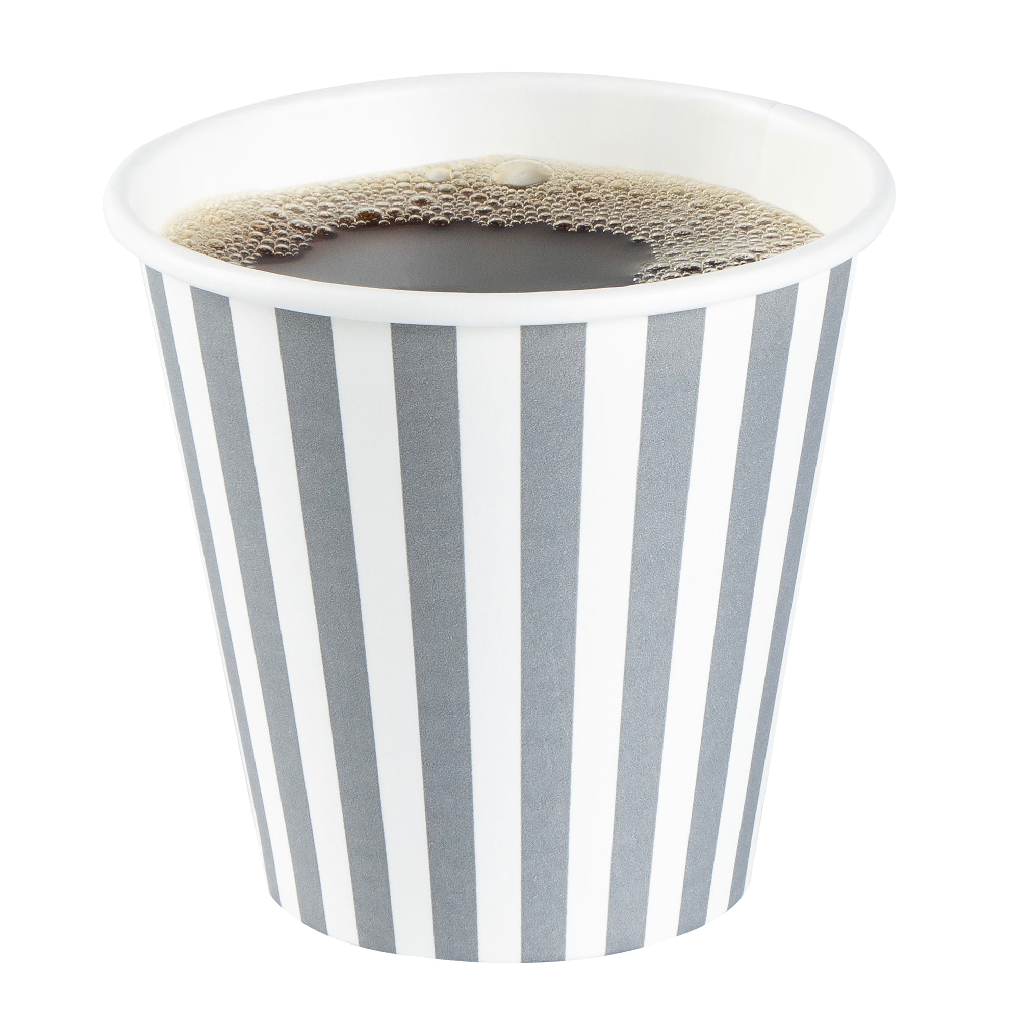 Restpresso 8 oz Gray and White Stripe Paper Single Wall Coffee Cup - with Black Lid - 3 1/2" x 3 1/2" x 3 1/4" - 20 count box