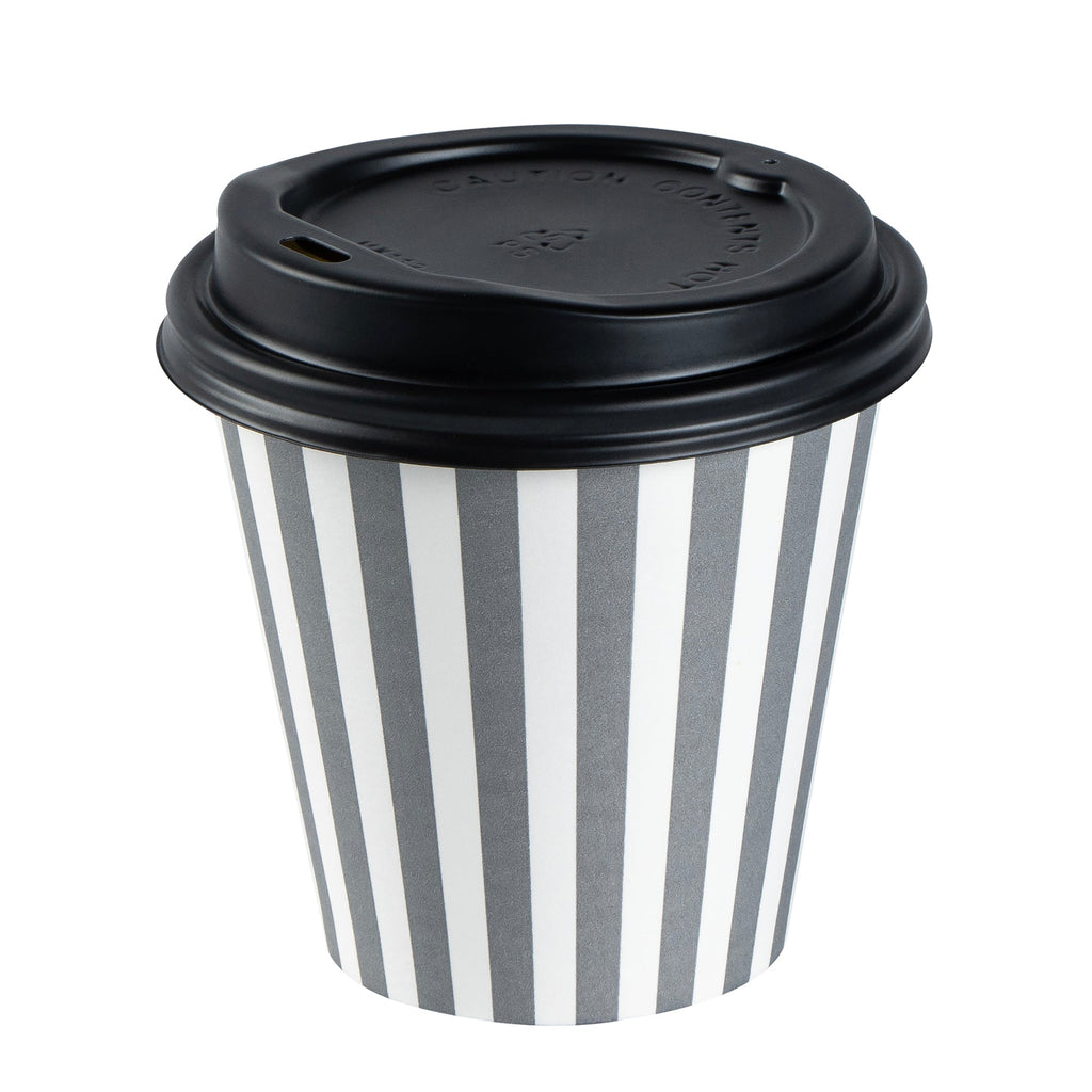 Restpresso 8 oz Gray and White Stripe Paper Single Wall Coffee Cup - with Black Lid - 3 1/2" x 3 1/2" x 3 1/4" - 20 count box