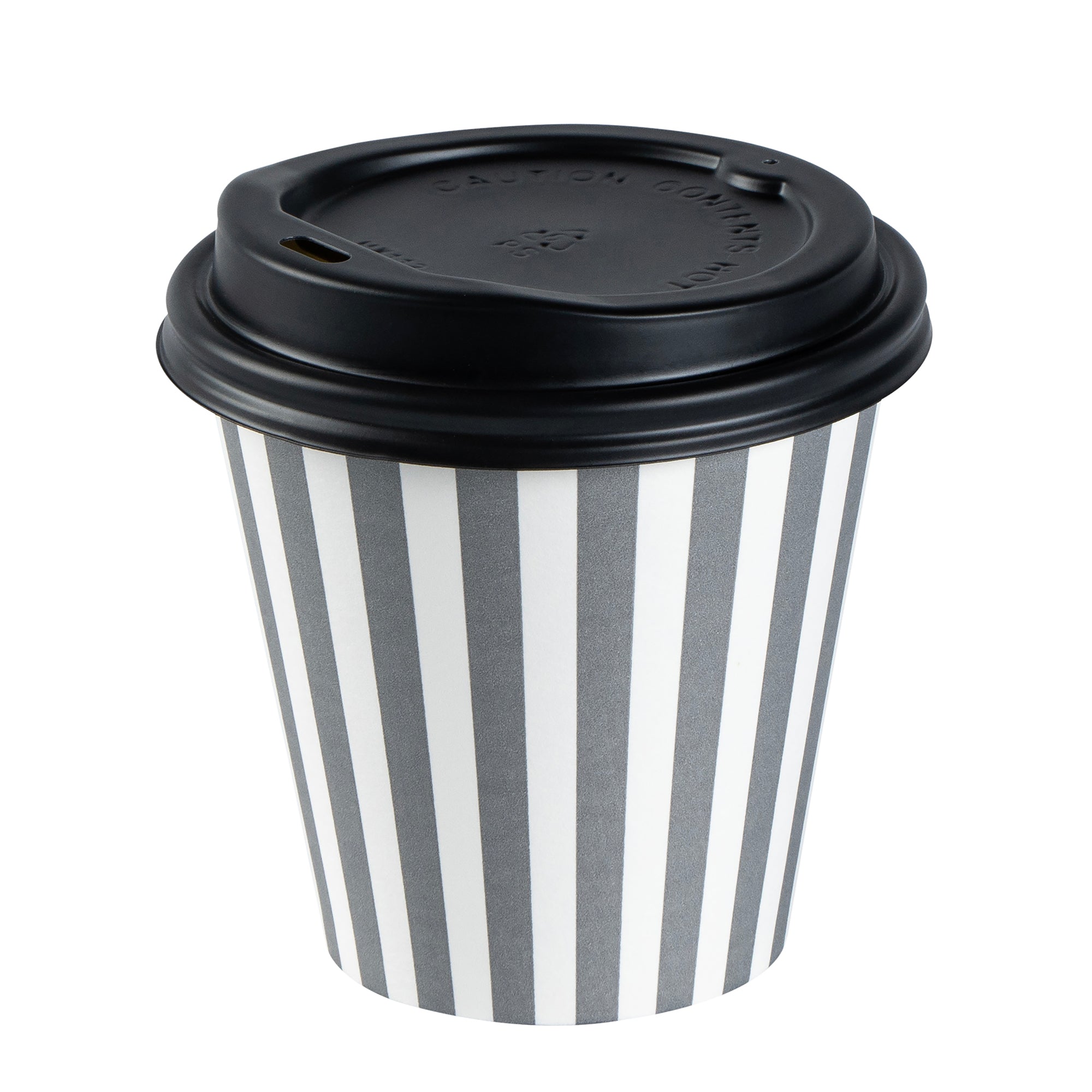 Restpresso 8 oz Gray and White Stripe Paper Single Wall Coffee Cup - with Black Lid - 3 1/2" x 3 1/2" x 3 1/4" - 20 count box