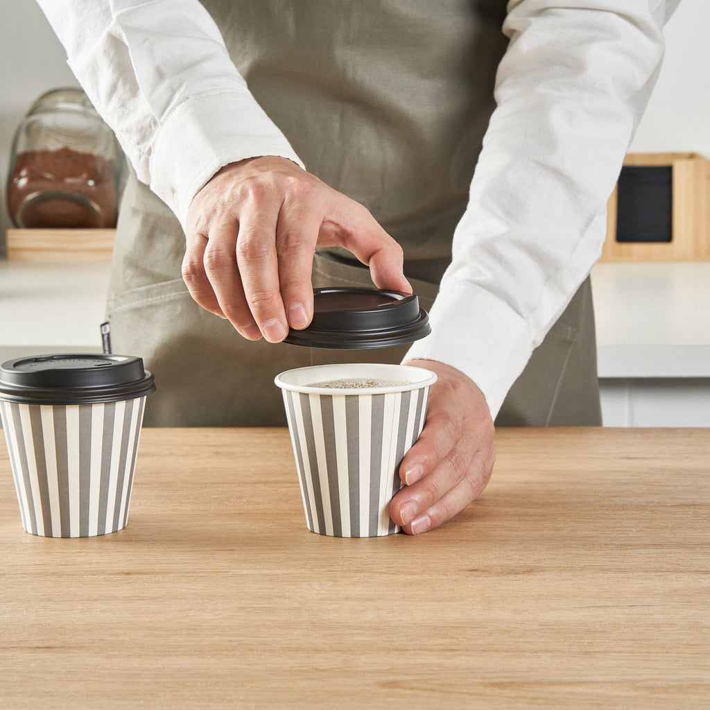 Restpresso 8 oz Gray and White Stripe Paper Single Wall Coffee Cup - with Black Lid - 3 1/2" x 3 1/2" x 3 1/4" - 20 count box