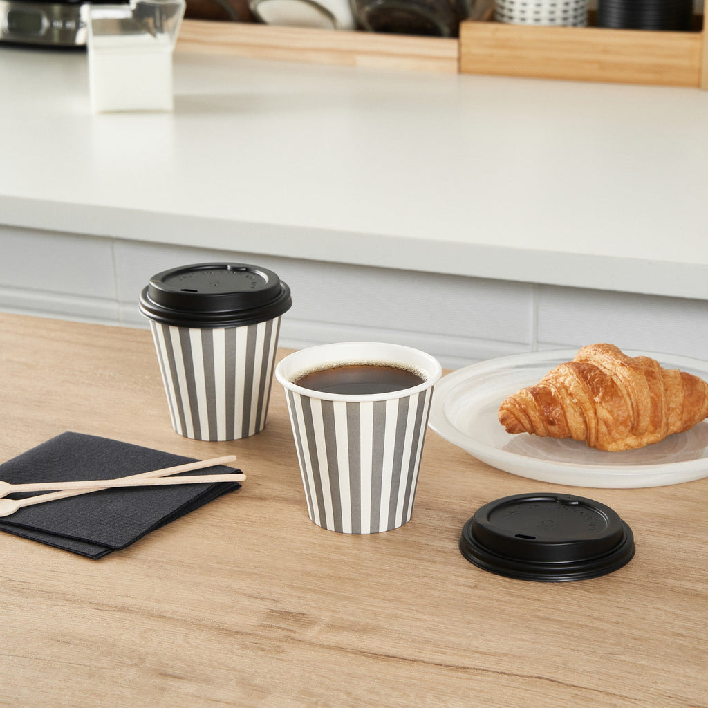 Restpresso 8 oz Gray and White Stripe Paper Single Wall Coffee Cup - with Black Lid - 3 1/2" x 3 1/2" x 3 1/4" - 20 count box