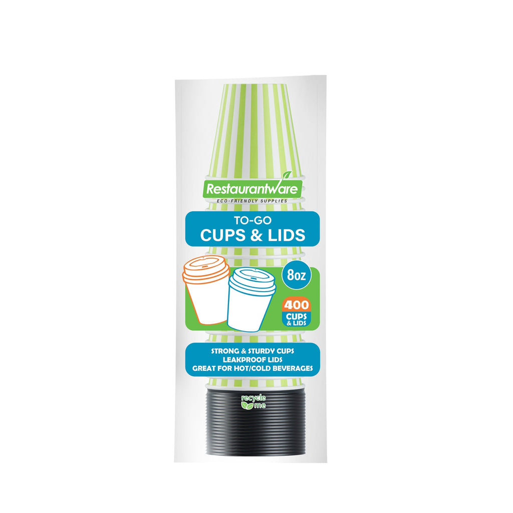 Restpresso 8 oz Green and White Stripe Paper Single Wall Coffee Cup - with Black Lid - 3 1/2" x 3 1/2" x 3 1/4" - 400 count box
