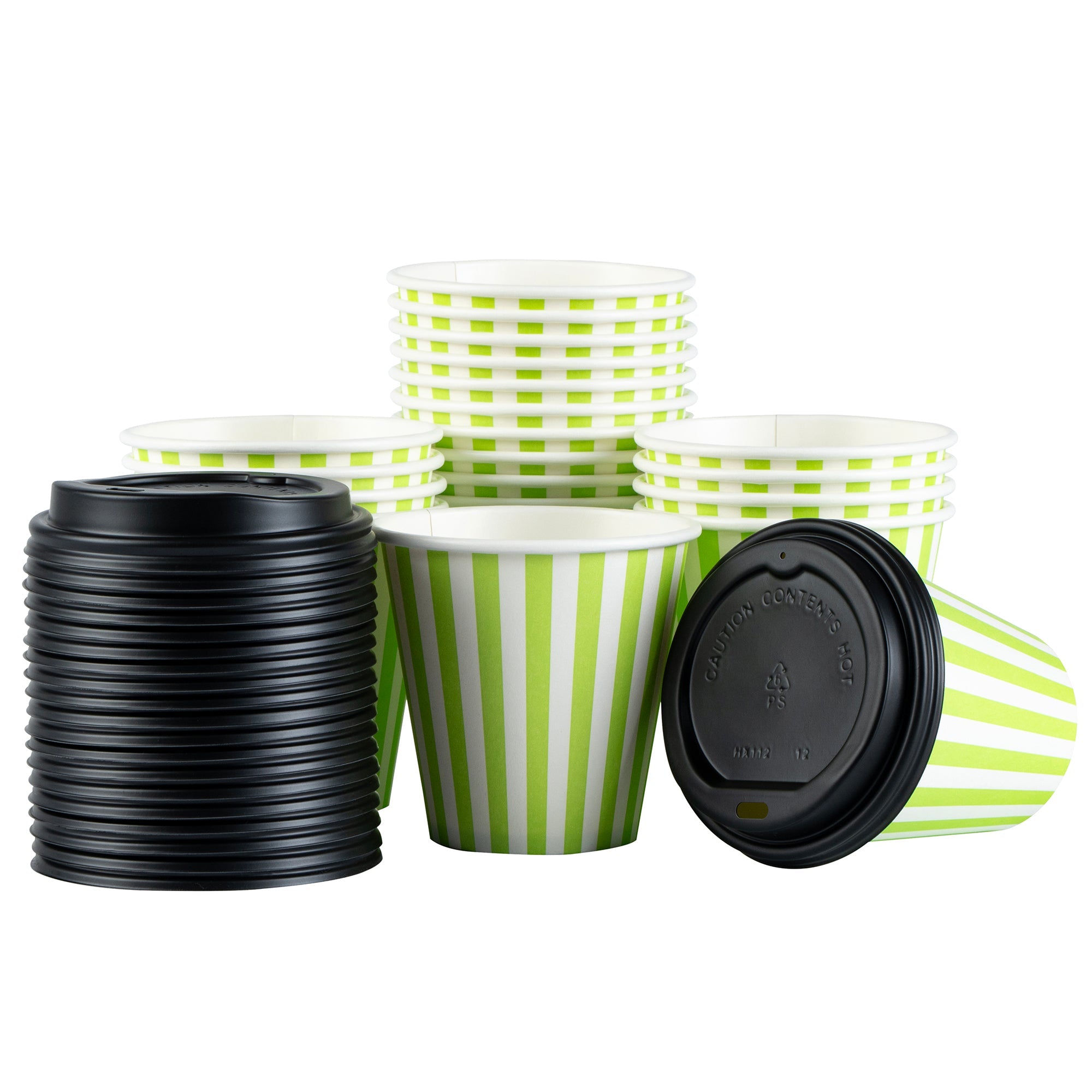 Restpresso 8 oz Green and White Stripe Paper Single Wall Coffee Cup - with Black Lid - 3 1/2" x 3 1/2" x 3 1/4" - 20 count box