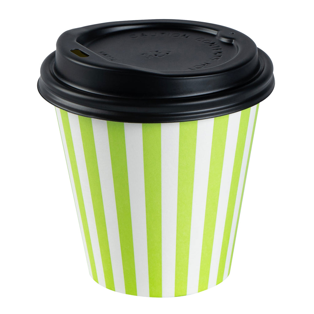 Restpresso 8 oz Green and White Stripe Paper Single Wall Coffee Cup - with Black Lid - 3 1/2" x 3 1/2" x 3 1/4" - 400 count box