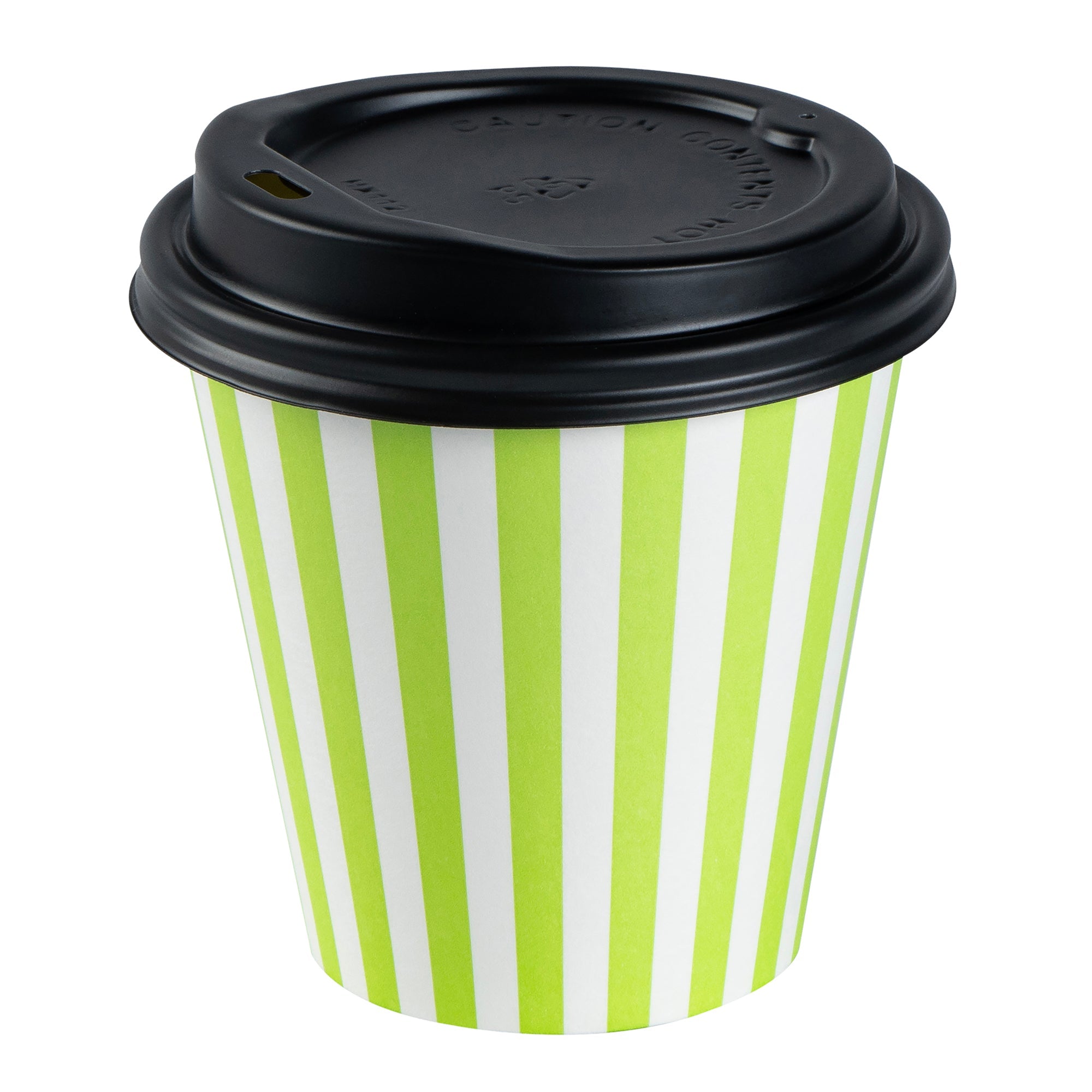Restpresso 8 oz Green and White Stripe Paper Single Wall Coffee Cup - with Black Lid - 3 1/2" x 3 1/2" x 3 1/4" - 400 count box