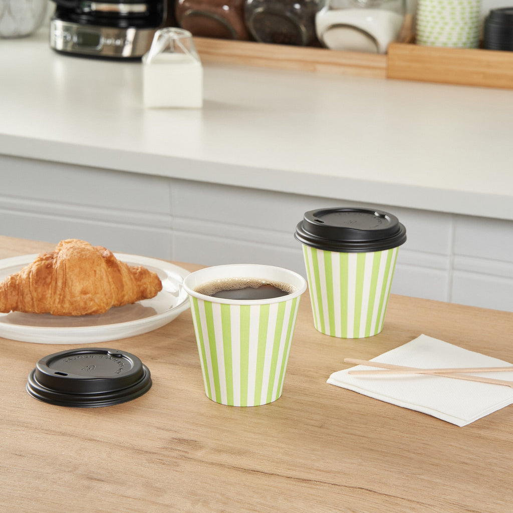 Restpresso 8 oz Green and White Stripe Paper Single Wall Coffee Cup - with Black Lid - 3 1/2" x 3 1/2" x 3 1/4" - 400 count box