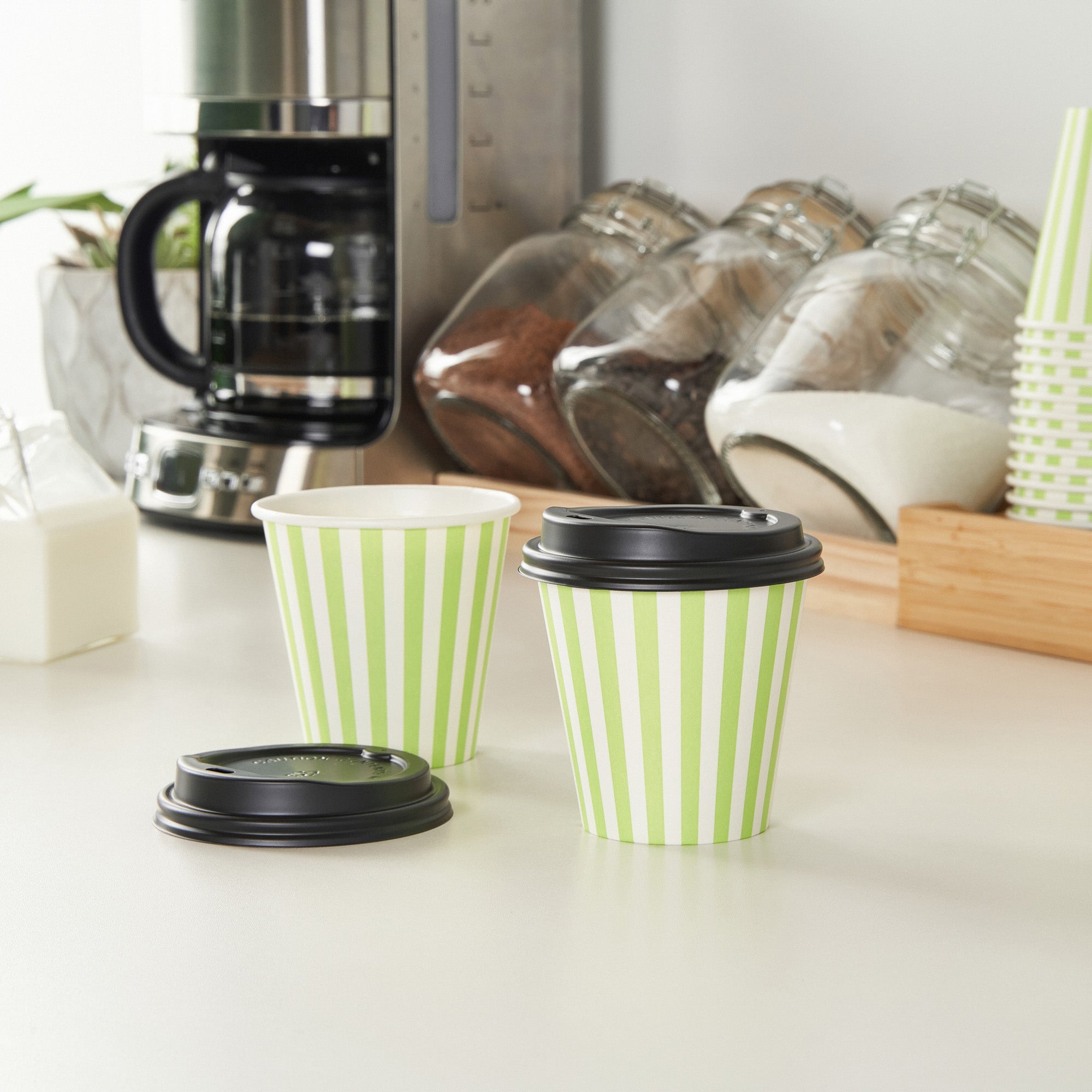 Restpresso 8 oz Green and White Stripe Paper Single Wall Coffee Cup - with Black Lid - 3 1/2" x 3 1/2" x 3 1/4" - 400 count box