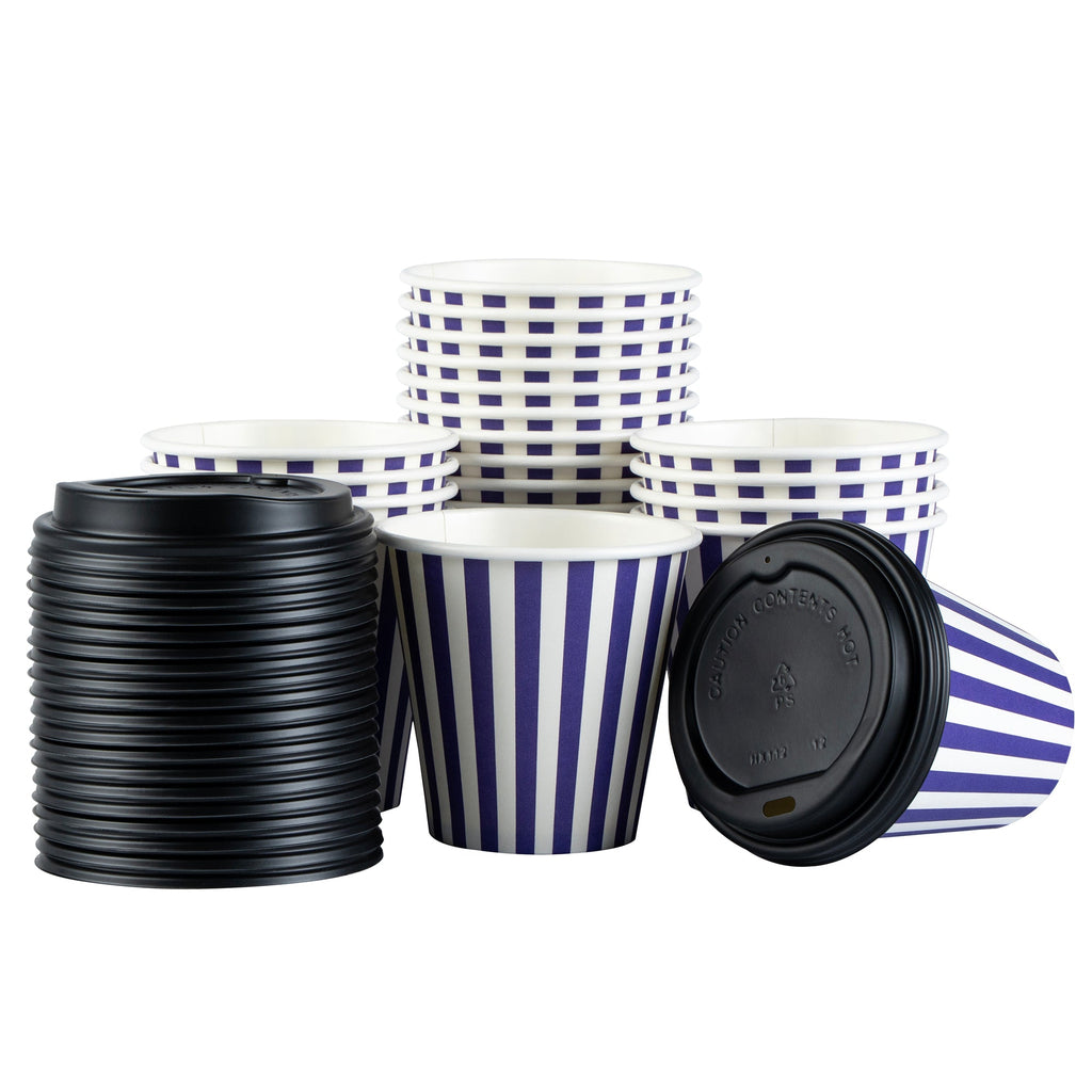 Restpresso 8 oz Purple and White Stripe Paper Single Wall Coffee Cup - with Black Lid - 3 1/2" x 3 1/2" x 3 1/4" - 20 count box