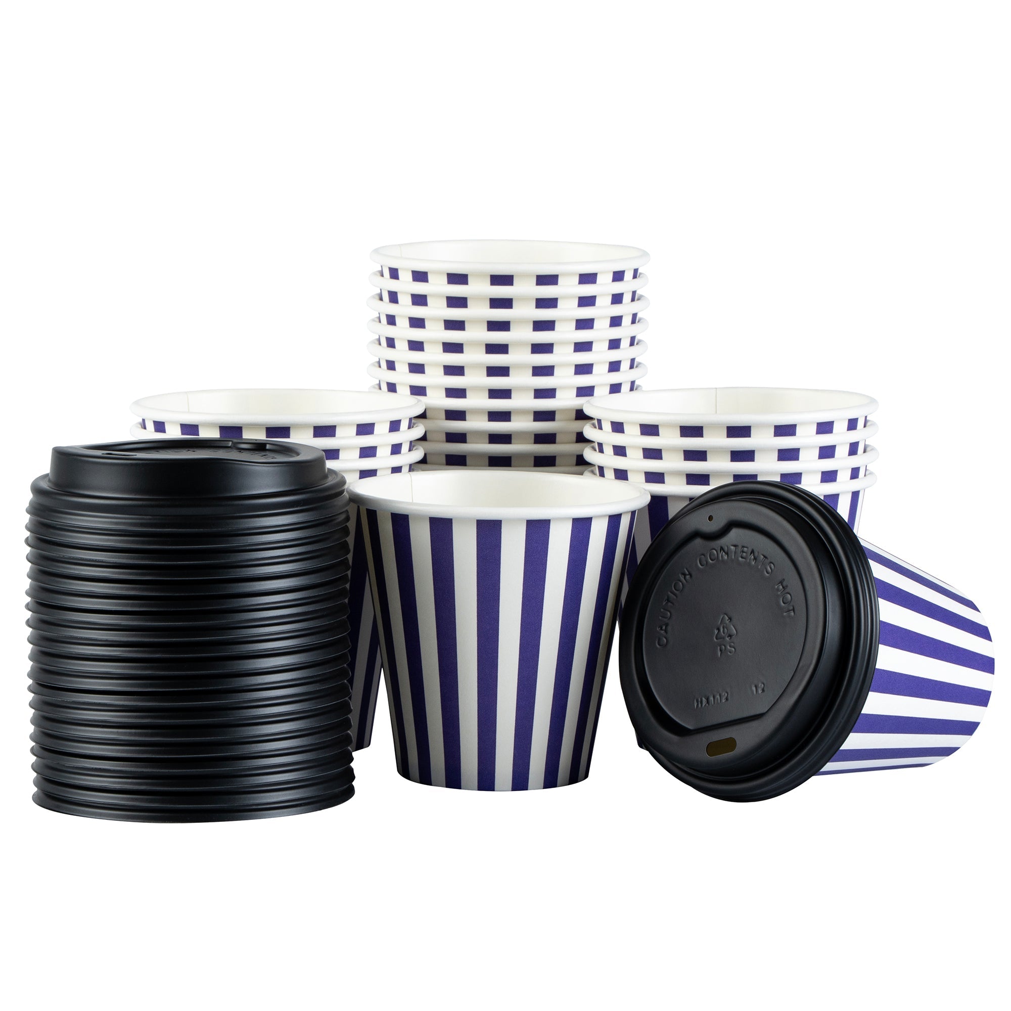 Restpresso 8 oz Purple and White Stripe Paper Single Wall Coffee Cup - with Black Lid - 3 1/2" x 3 1/2" x 3 1/4" - 20 count box