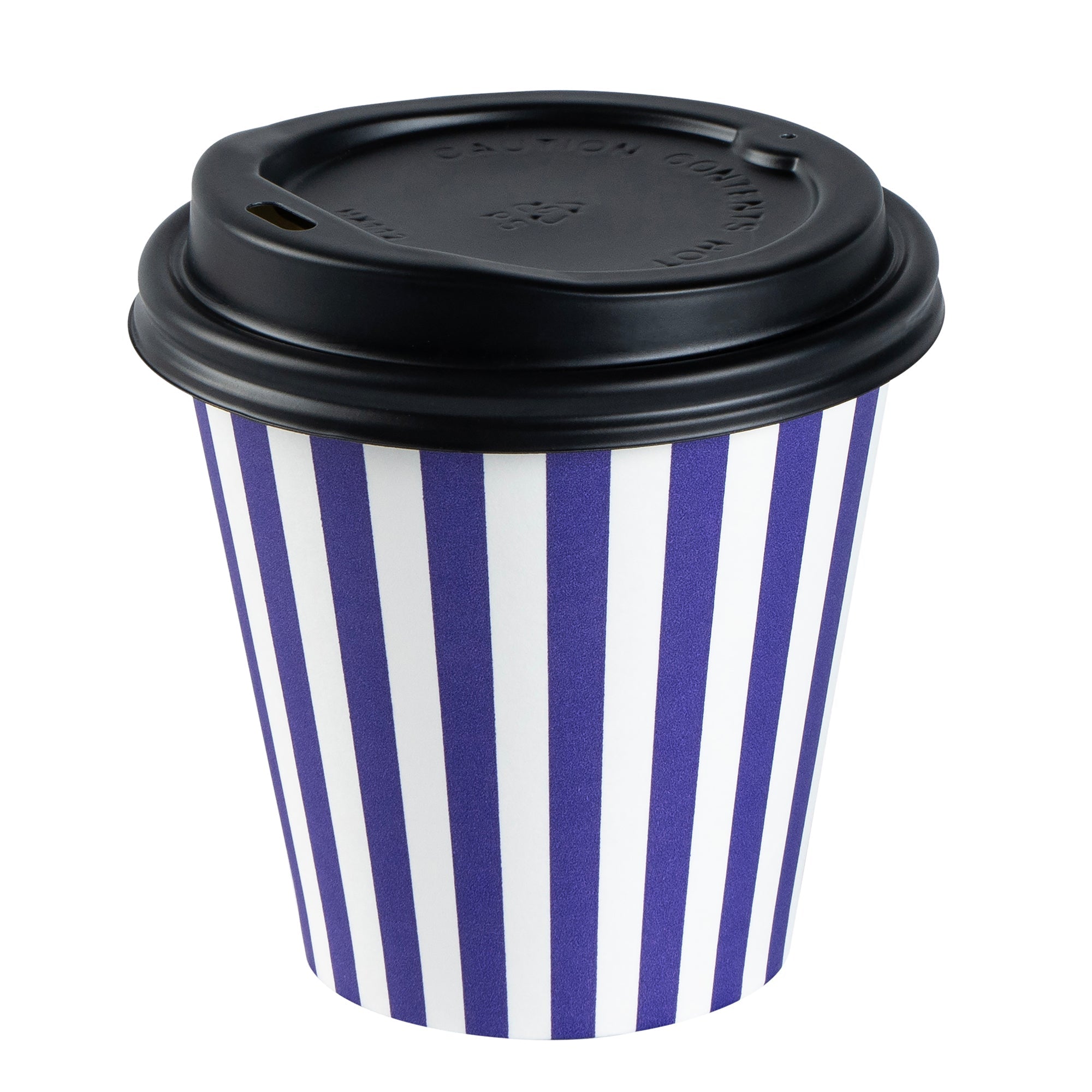 Restpresso 8 oz Purple and White Stripe Paper Single Wall Coffee Cup - with Black Lid - 3 1/2" x 3 1/2" x 3 1/4" - 20 count box