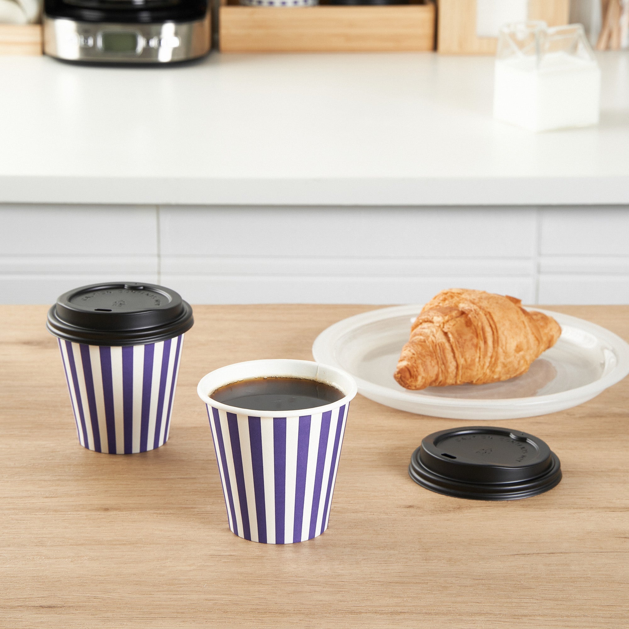 Restpresso 8 oz Purple and White Stripe Paper Single Wall Coffee Cup - with Black Lid - 3 1/2" x 3 1/2" x 3 1/4" - 20 count box