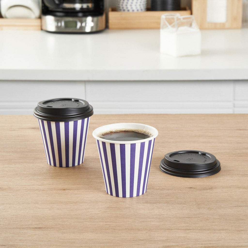 Restpresso 8 oz Purple and White Stripe Paper Single Wall Coffee Cup - with Black Lid - 3 1/2" x 3 1/2" x 3 1/4" - 400 count box