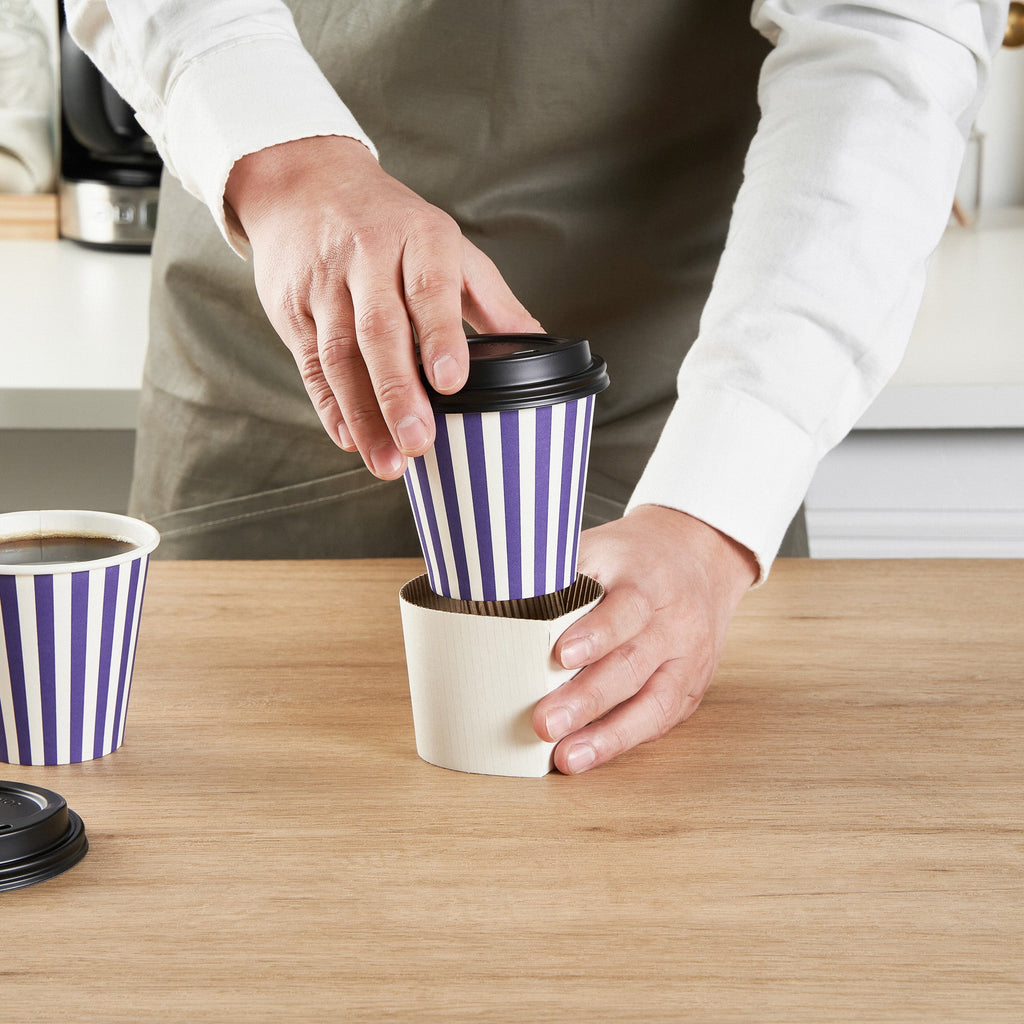 Restpresso 8 oz Purple and White Stripe Paper Single Wall Coffee Cup - with Black Lid - 3 1/2" x 3 1/2" x 3 1/4" - 400 count box