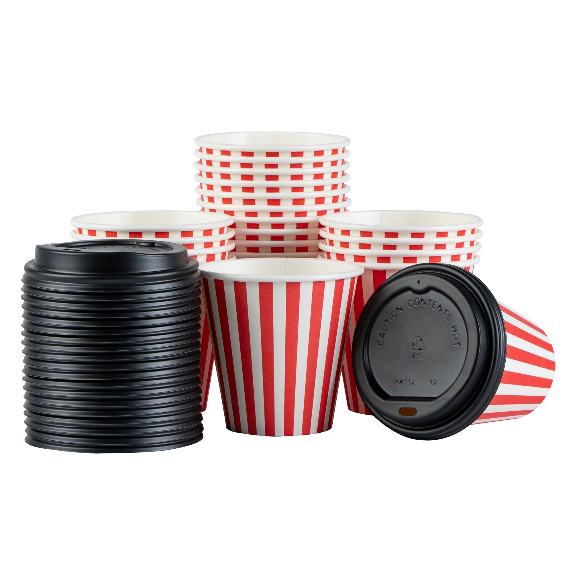 Restpresso 8 oz Red and White Stripe Paper Single Wall Coffee Cup - with Black Lid - 3 1/2" x 3 1/2" x 3 1/4" - 20 count box