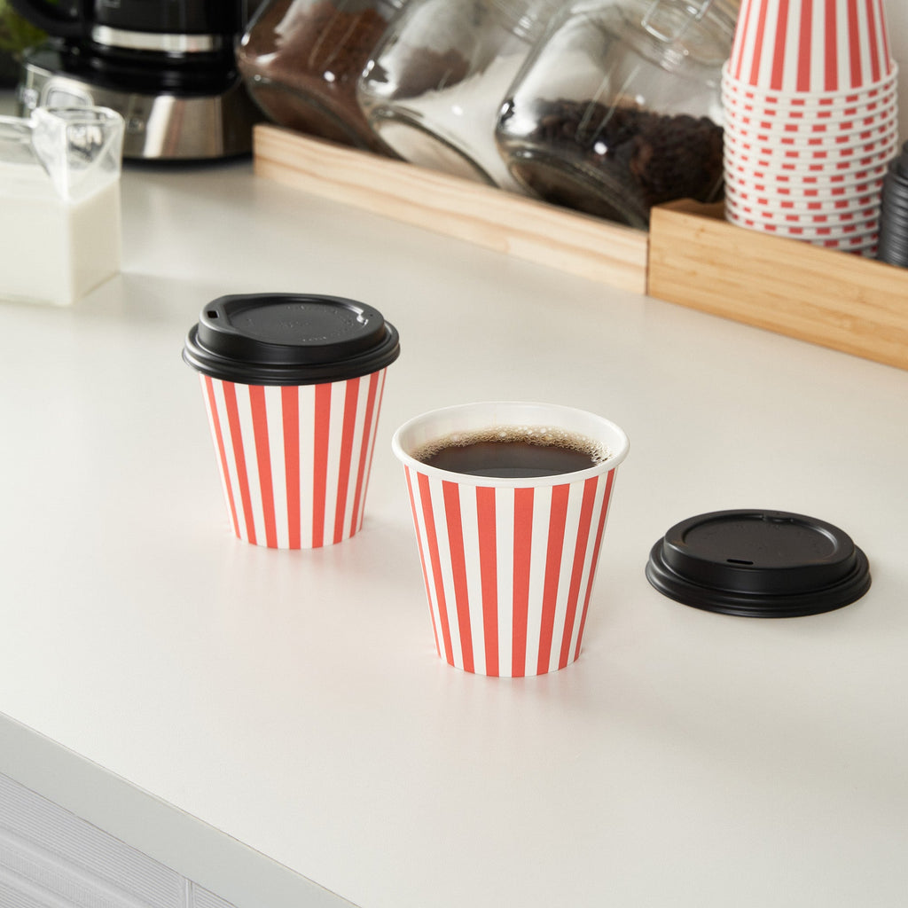 Restpresso 8 oz Red and White Stripe Paper Single Wall Coffee Cup - with Black Lid - 3 1/2" x 3 1/2" x 3 1/4" - 20 count box