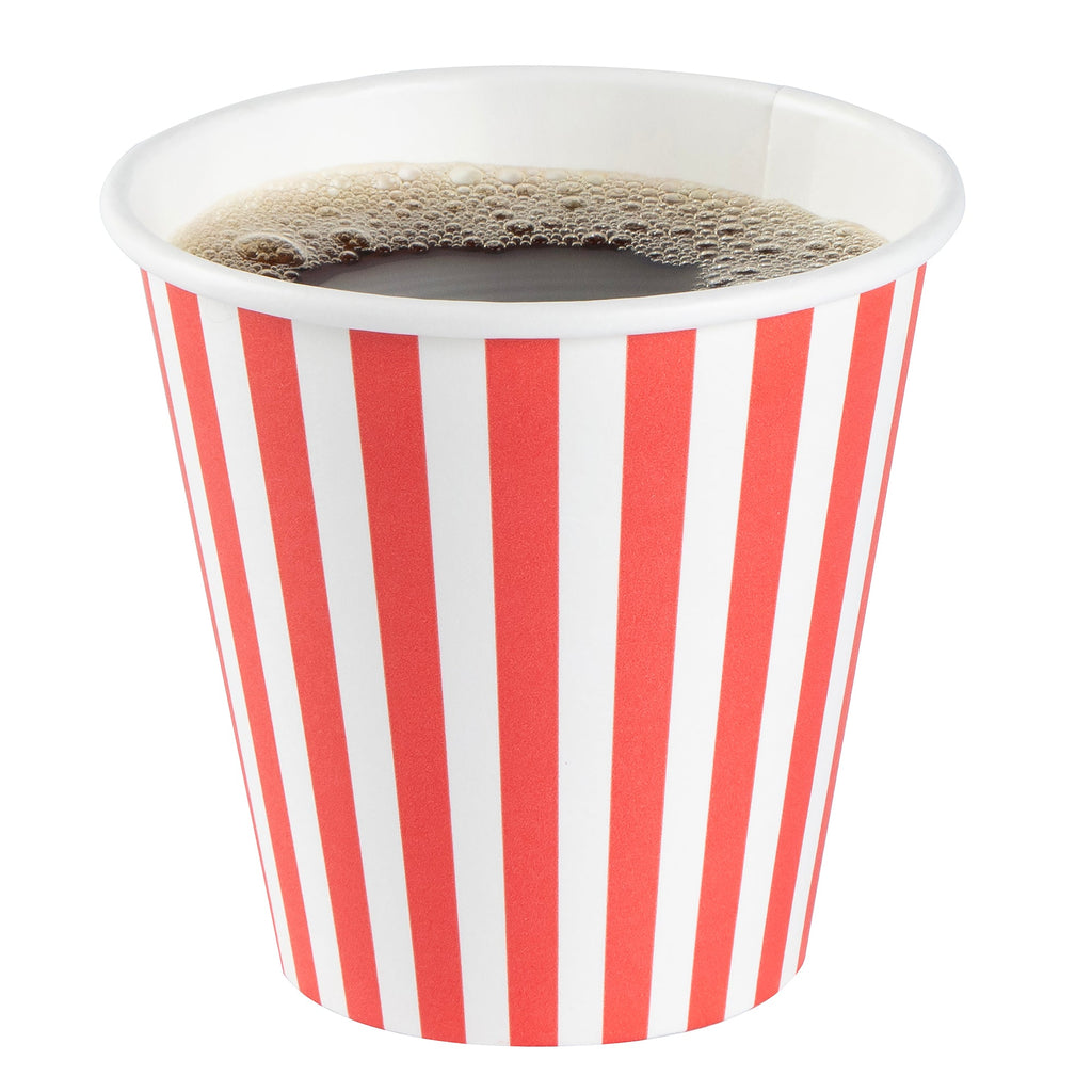 Restpresso 8 oz Red and White Stripe Paper Single Wall Coffee Cup - with Black Lid - 3 1/2" x 3 1/2" x 3 1/4" - 20 count box