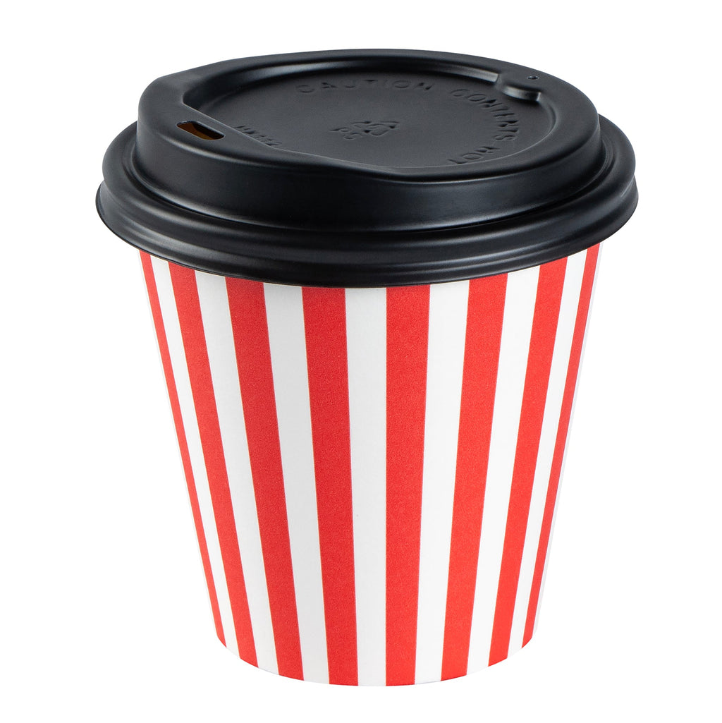 Restpresso 8 oz Red and White Stripe Paper Single Wall Coffee Cup - with Black Lid - 3 1/2" x 3 1/2" x 3 1/4" - 20 count box