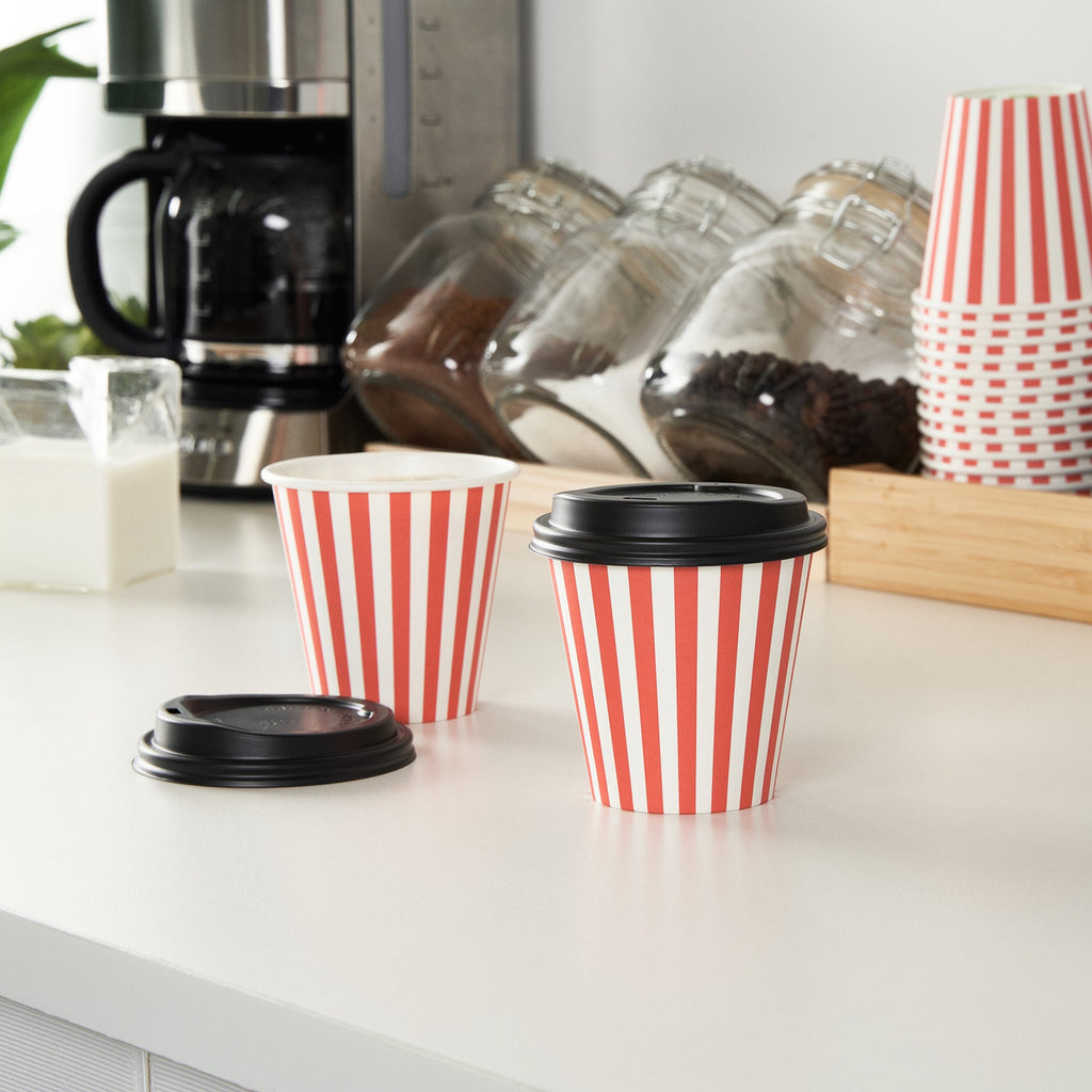 Restpresso 8 oz Red and White Stripe Paper Single Wall Coffee Cup - with Black Lid - 3 1/2" x 3 1/2" x 3 1/4" - 20 count box