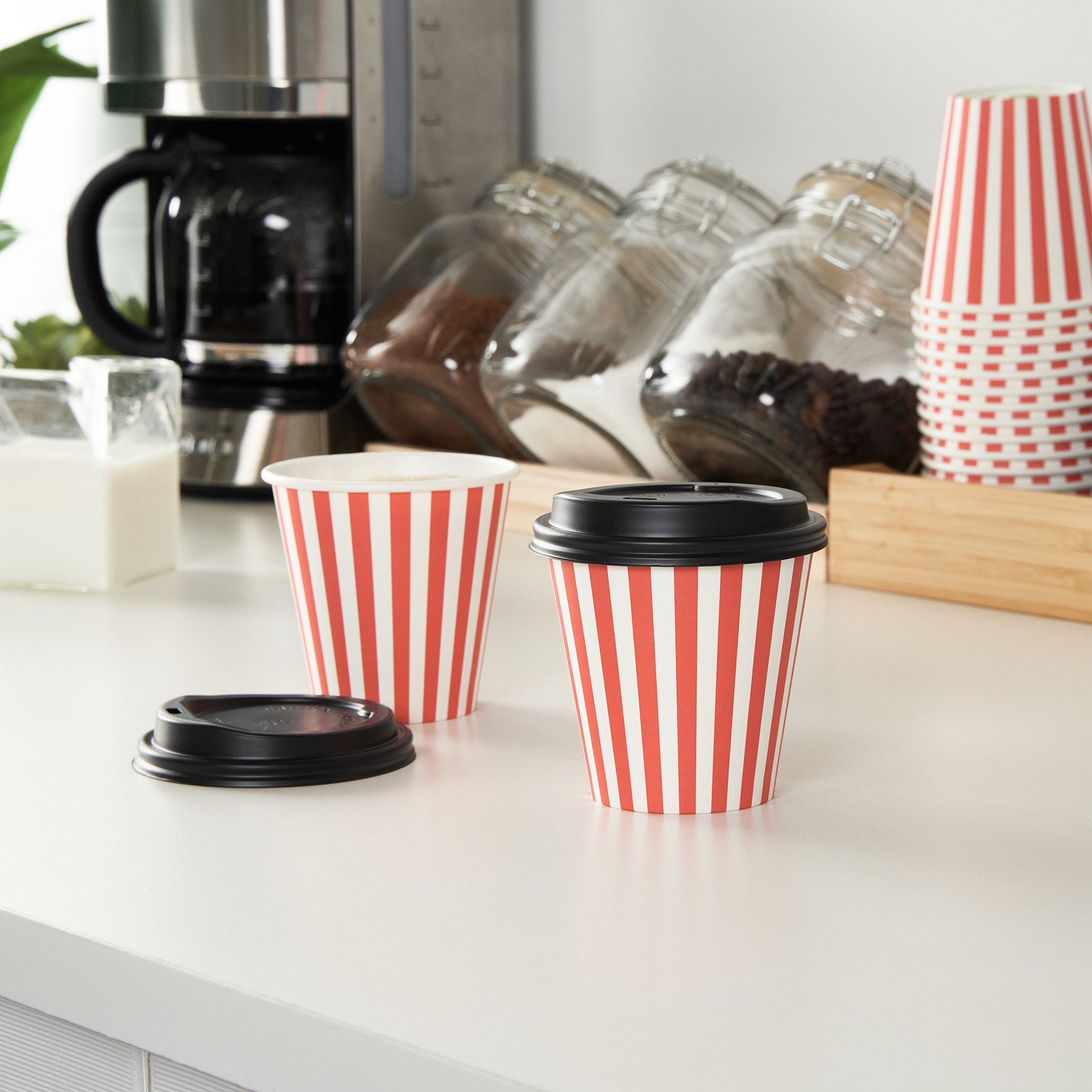 Restpresso 8 oz Red and White Stripe Paper Single Wall Coffee Cup - with Black Lid - 3 1/2" x 3 1/2" x 3 1/4" - 20 count box