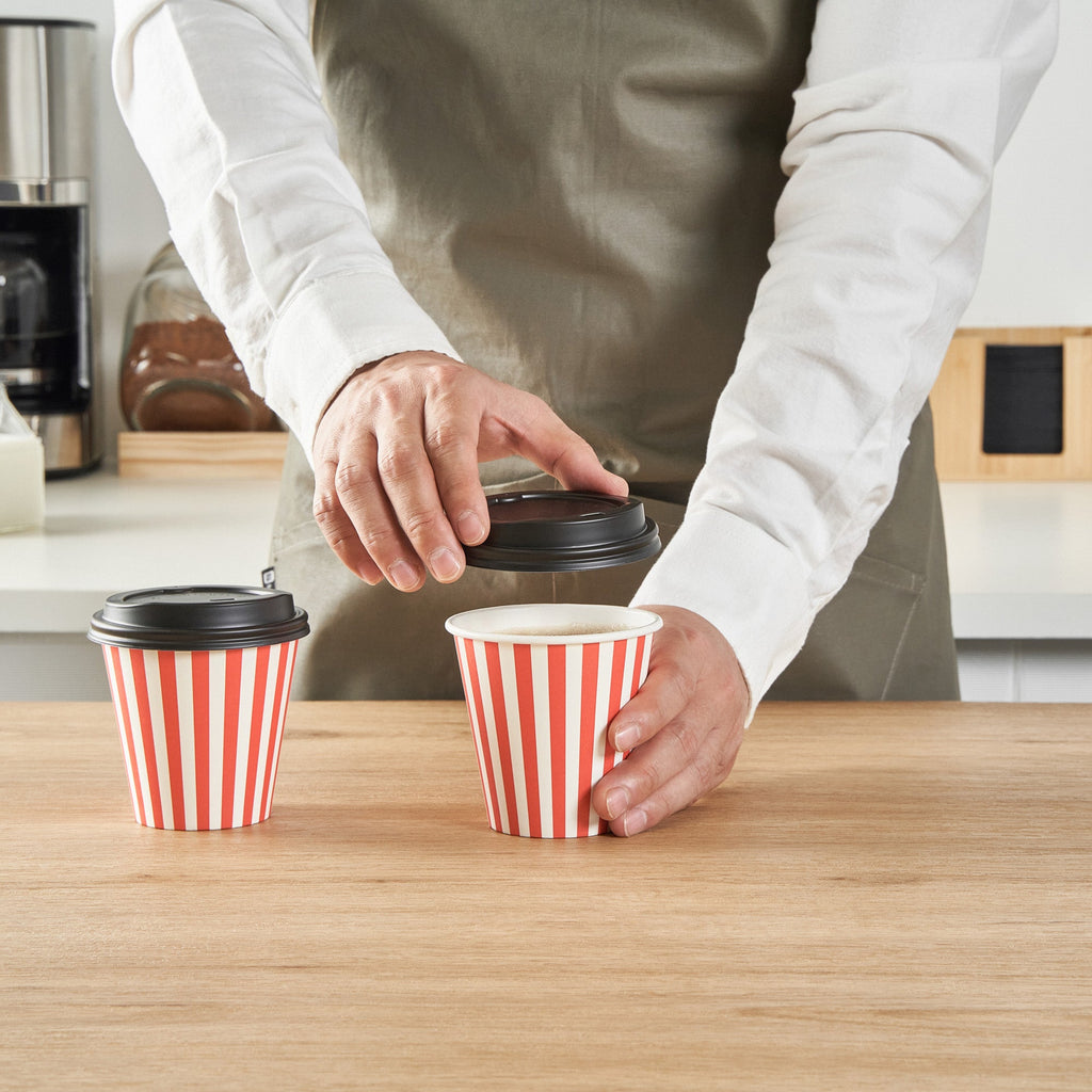 Restpresso 8 oz Red and White Stripe Paper Single Wall Coffee Cup - with Black Lid - 3 1/2" x 3 1/2" x 3 1/4" - 400 count box