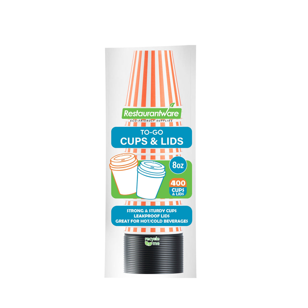 Restpresso 8 oz Orange and White Stripe Paper Single Wall Coffee Cup - with Black Lid - 3 1/2" x 3 1/2" x 3 1/4" - 20 count box