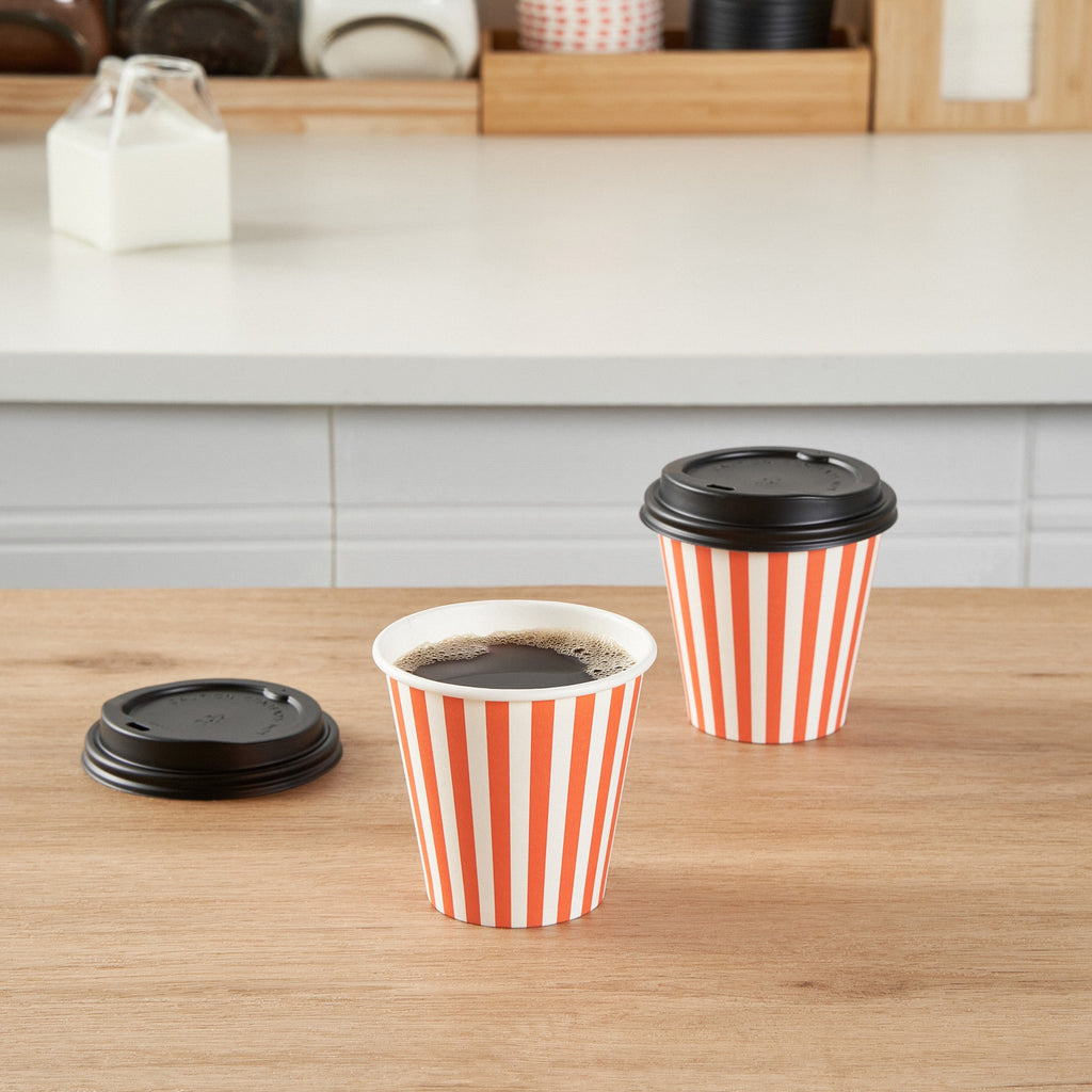 Restpresso 8 oz Orange and White Stripe Paper Single Wall Coffee Cup - with Black Lid - 3 1/2" x 3 1/2" x 3 1/4" - 20 count box