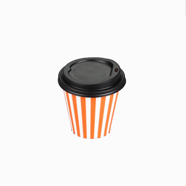 Restpresso 8 oz Orange and White Stripe Paper Single Wall Coffee Cup - with Black Lid - 3 1/2" x 3 1/2" x 3 1/4" - 20 count box