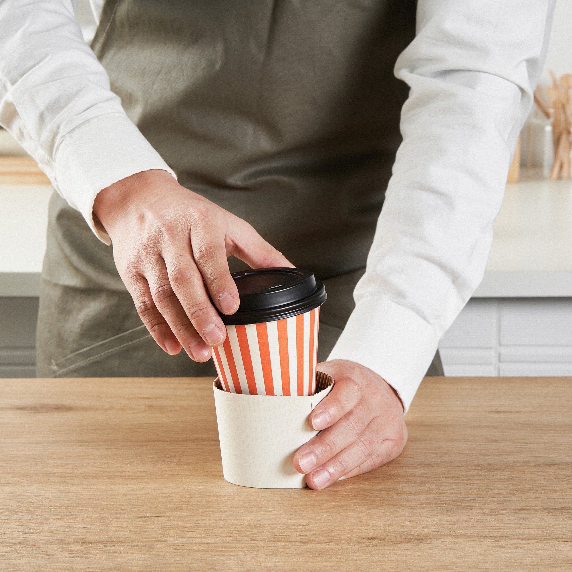 Restpresso 8 oz Orange and White Stripe Paper Single Wall Coffee Cup - with Black Lid - 3 1/2" x 3 1/2" x 3 1/4" - 20 count box