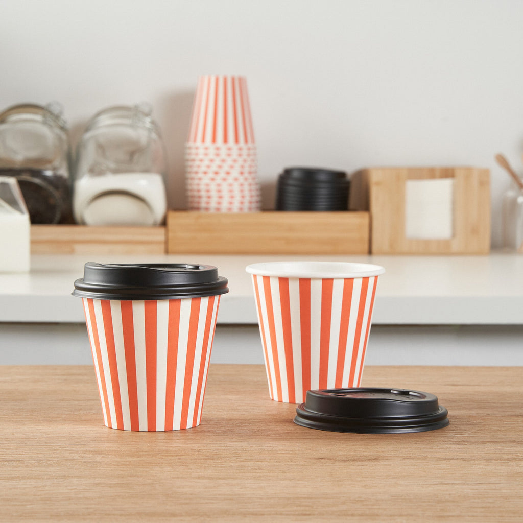 Restpresso 8 oz Orange and White Stripe Paper Single Wall Coffee Cup - with Black Lid - 3 1/2" x 3 1/2" x 3 1/4" - 20 count box