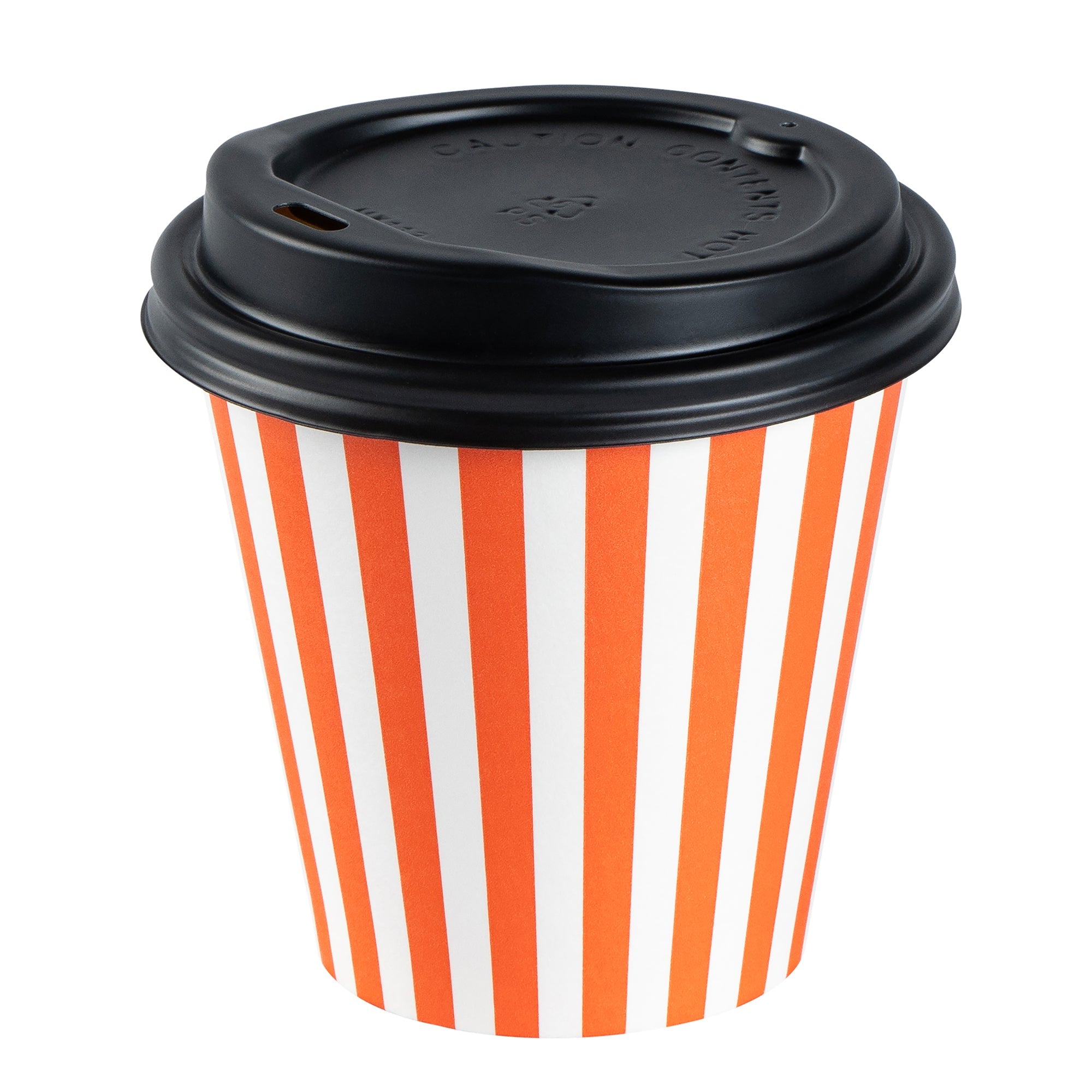 Restpresso 8 oz Orange and White Stripe Paper Single Wall Coffee Cup - with Black Lid - 3 1/2" x 3 1/2" x 3 1/4" - 400 count box