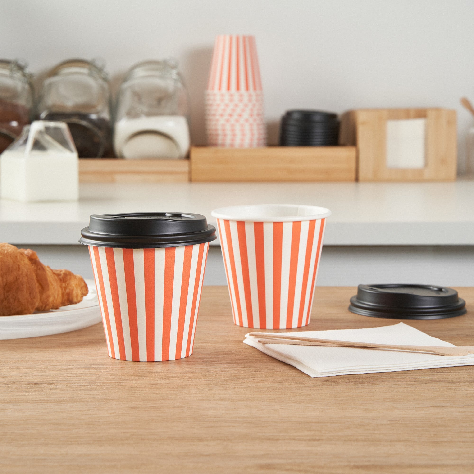 Restpresso 8 oz Orange and White Stripe Paper Single Wall Coffee Cup - with Black Lid - 3 1/2" x 3 1/2" x 3 1/4" - 400 count box