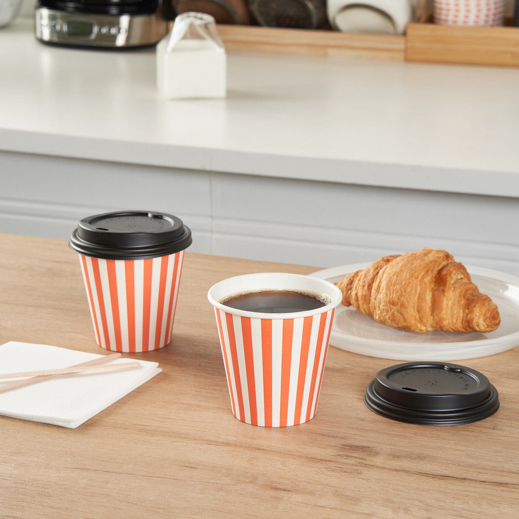 Restpresso 8 oz Orange and White Stripe Paper Single Wall Coffee Cup - with Black Lid - 3 1/2" x 3 1/2" x 3 1/4" - 400 count box