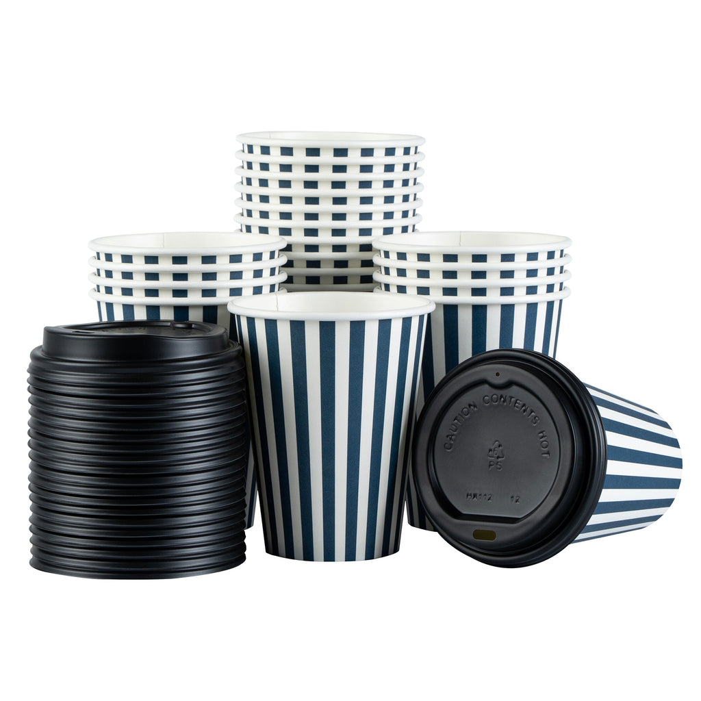 Restpresso 12 oz Blue and White Stripe Paper Single Wall Coffee Cup - with Black Lid - 3 1/2"x 3 1/2"x 4 1/4" - 20 count box