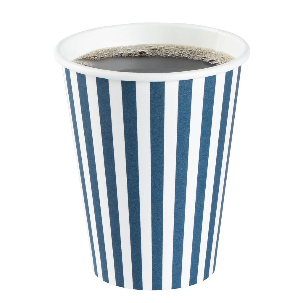 Restpresso 12 oz Blue and White Stripe Paper Single Wall Coffee Cup - with Black Lid - 3 1/2"x 3 1/2"x 4 1/4" - 20 count box