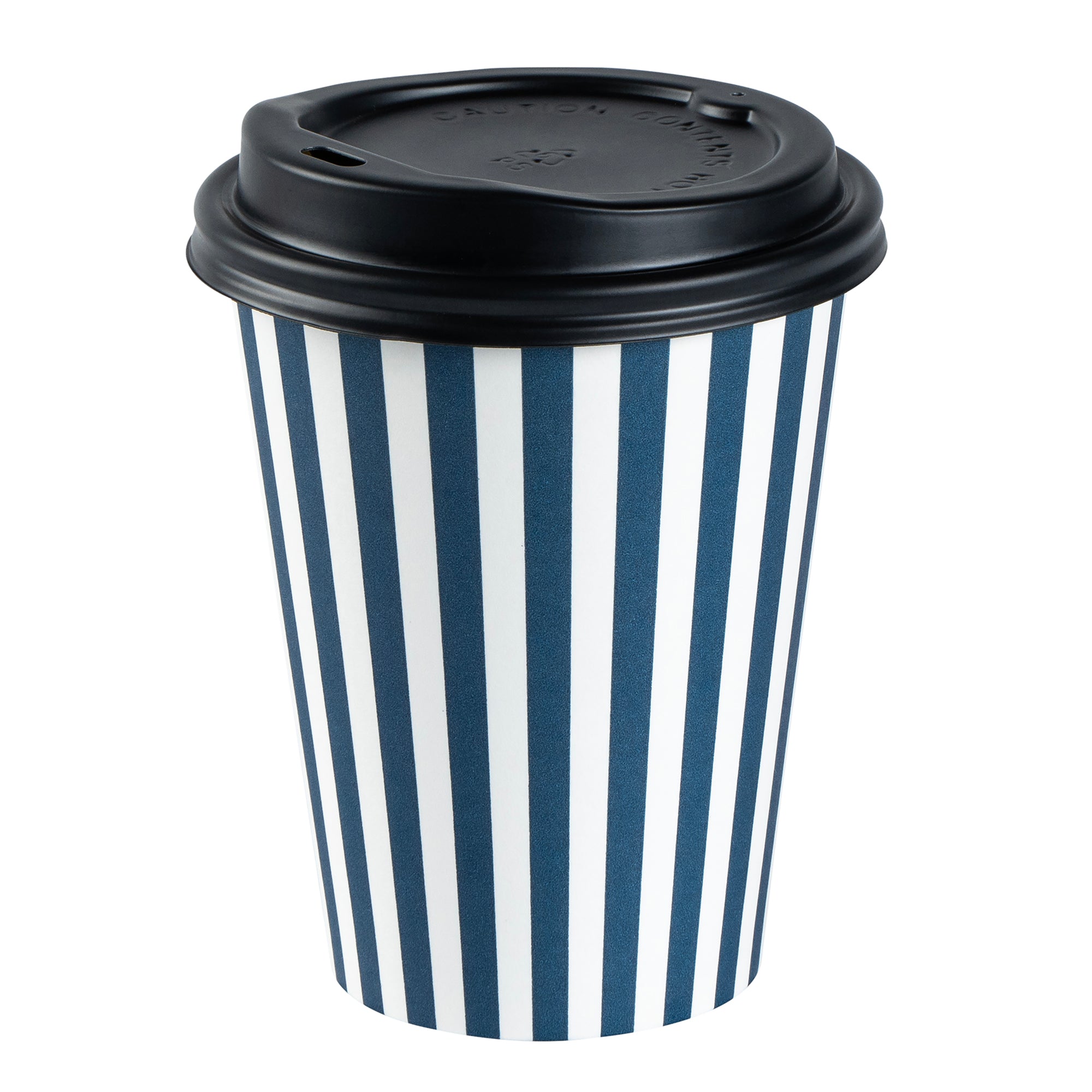 Restpresso 12 oz Blue and White Stripe Paper Single Wall Coffee Cup - with Black Lid - 3 1/2"x 3 1/2"x 4 1/4" - 20 count box