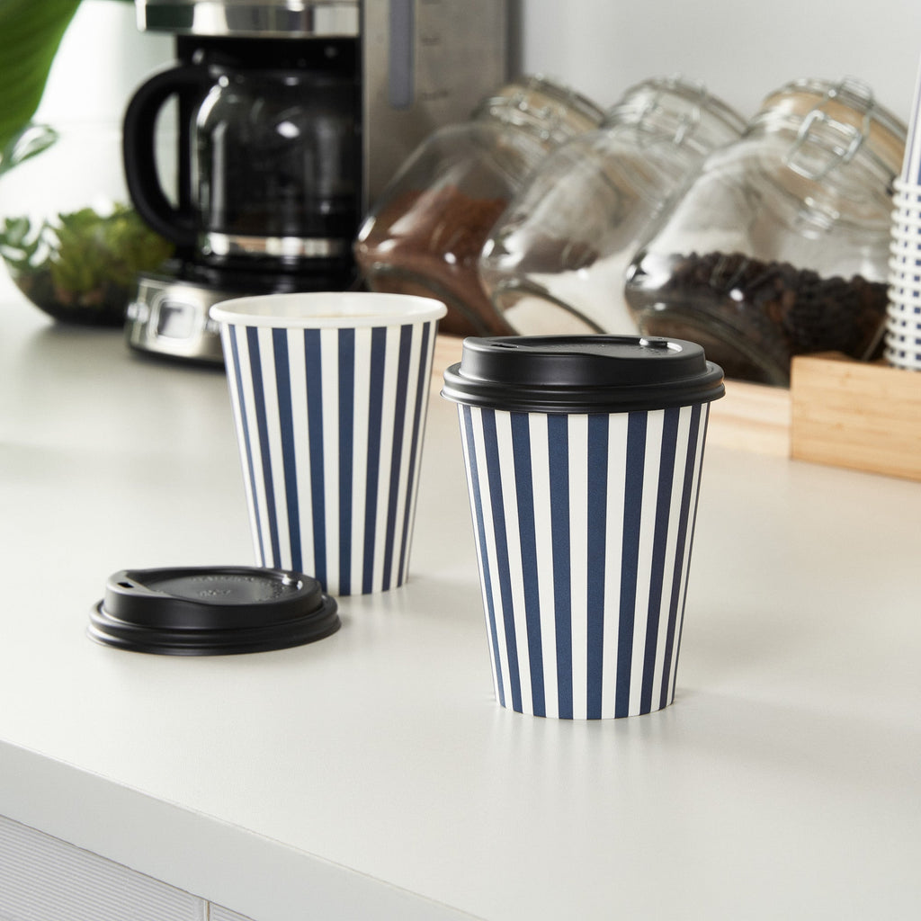 Restpresso 12 oz Blue and White Stripe Paper Single Wall Coffee Cup - with Black Lid - 3 1/2"x 3 1/2"x 4 1/4" - 20 count box