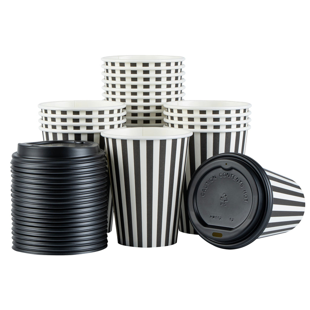 Restpresso 12 oz Black and White Stripe Paper Single Wall Coffee Cup - with Black Lid - 3 1/2"x 3 1/2"x 4 1/4" - 20 count box
