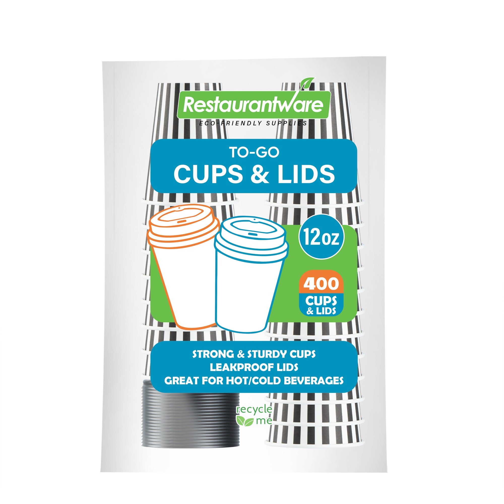 Restpresso 12 oz Black and White Stripe Paper Single Wall Coffee Cup - with Black Lid - 3 1/2"x 3 1/2"x 4 1/4" - 20 count box