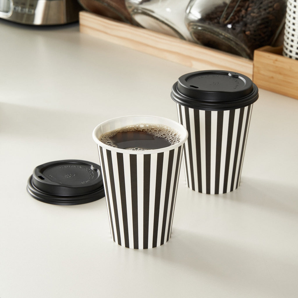 Restpresso 12 oz Black and White Stripe Paper Single Wall Coffee Cup - with Black Lid - 3 1/2"x 3 1/2"x 4 1/4" - 400 count box